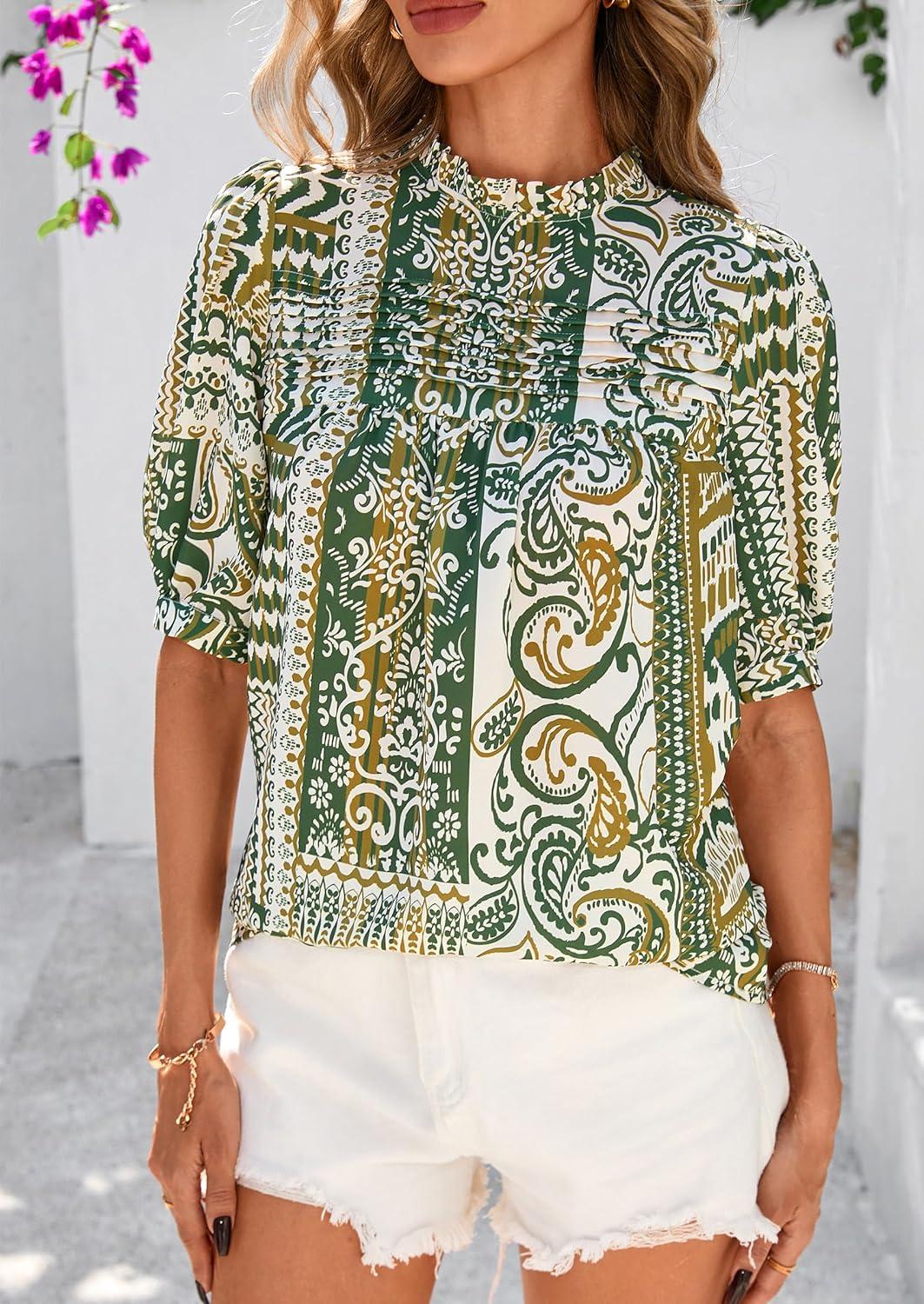 imagePRETTYGARDEN Floral Tops for Women Blouses Dressy Casual 2026 Summer Trendy Outfits Boho Pleated Short Sleeve ShirtsFloral Army Green