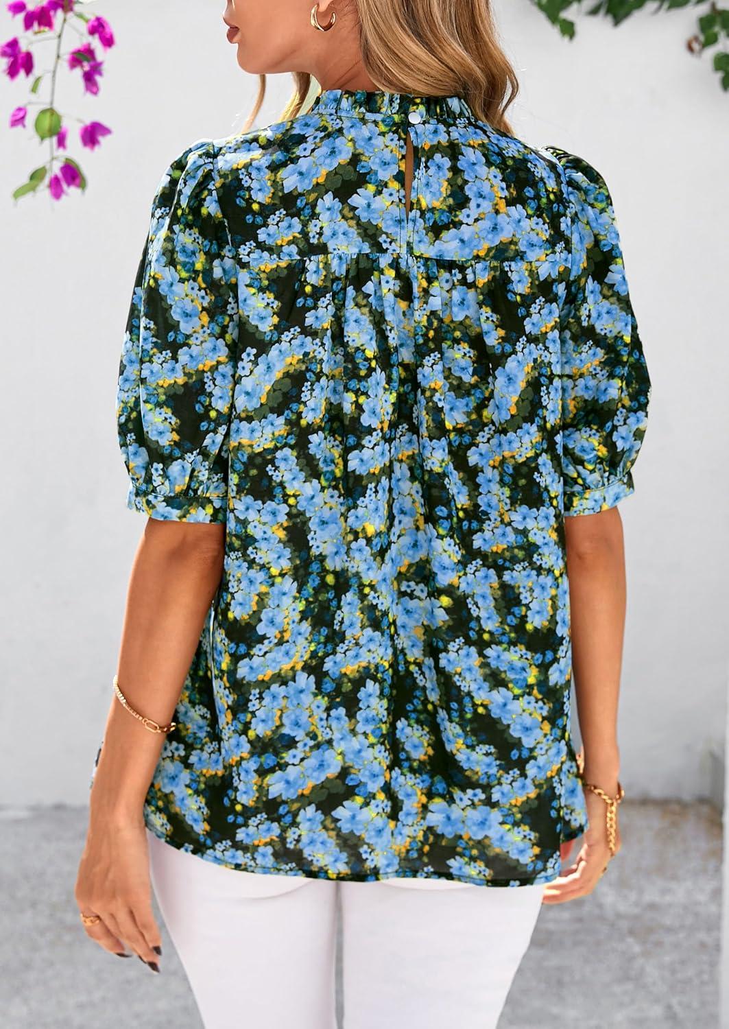 imagePRETTYGARDEN Floral Tops for Women Blouses Dressy Casual 2026 Summer Trendy Outfits Boho Pleated Short Sleeve ShirtsFloral Blue Yellow