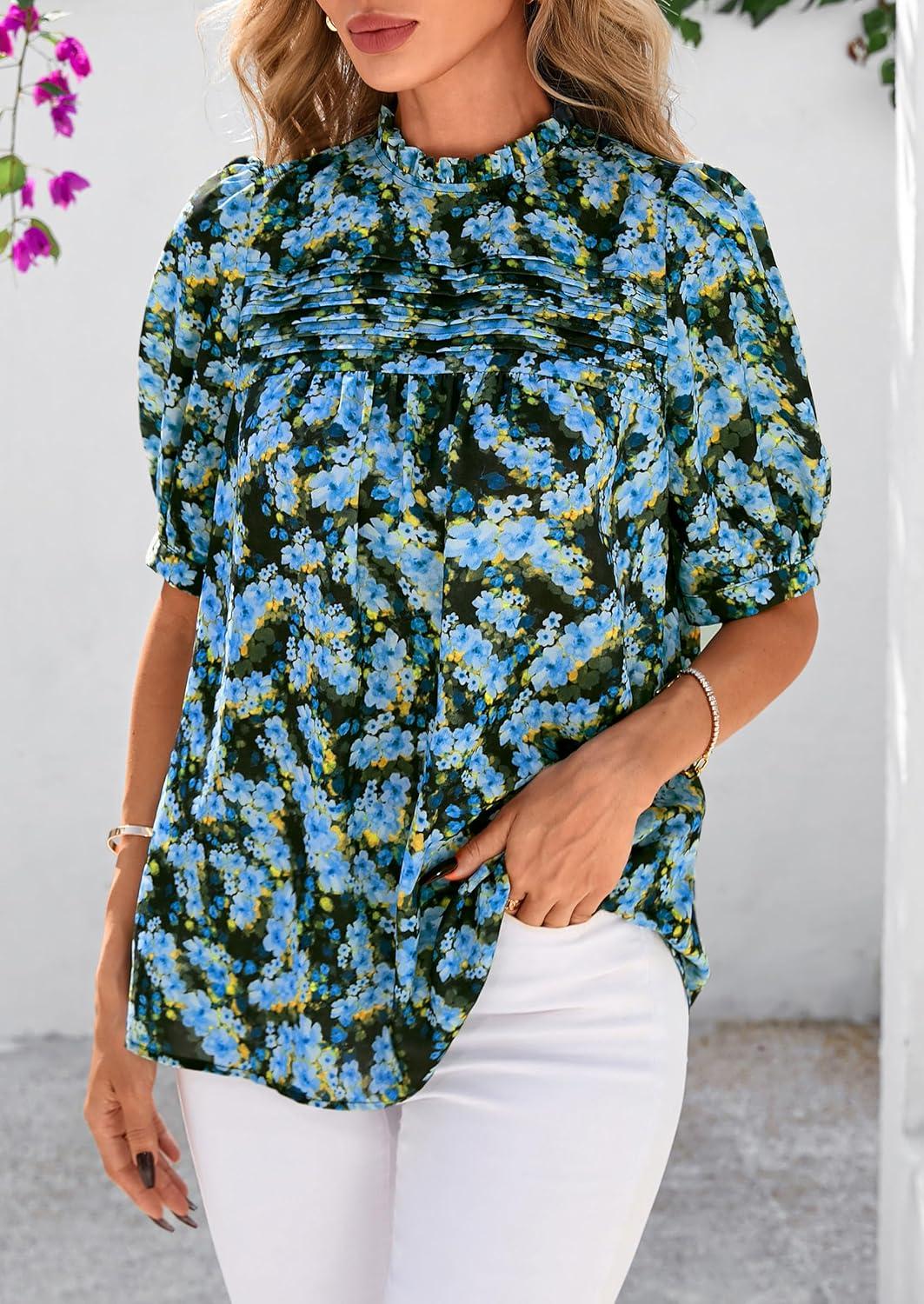 imagePRETTYGARDEN Floral Tops for Women Blouses Dressy Casual 2026 Summer Trendy Outfits Boho Pleated Short Sleeve ShirtsFloral Blue Yellow