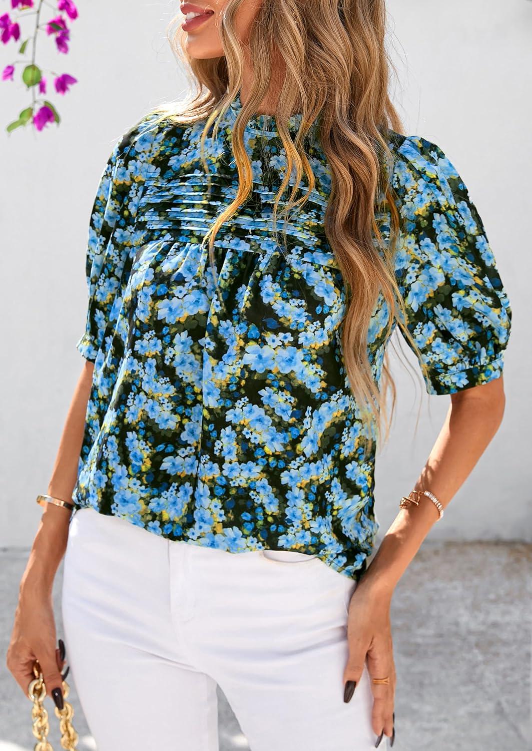 imagePRETTYGARDEN Floral Tops for Women Blouses Dressy Casual 2026 Summer Trendy Outfits Boho Pleated Short Sleeve ShirtsFloral Blue Yellow