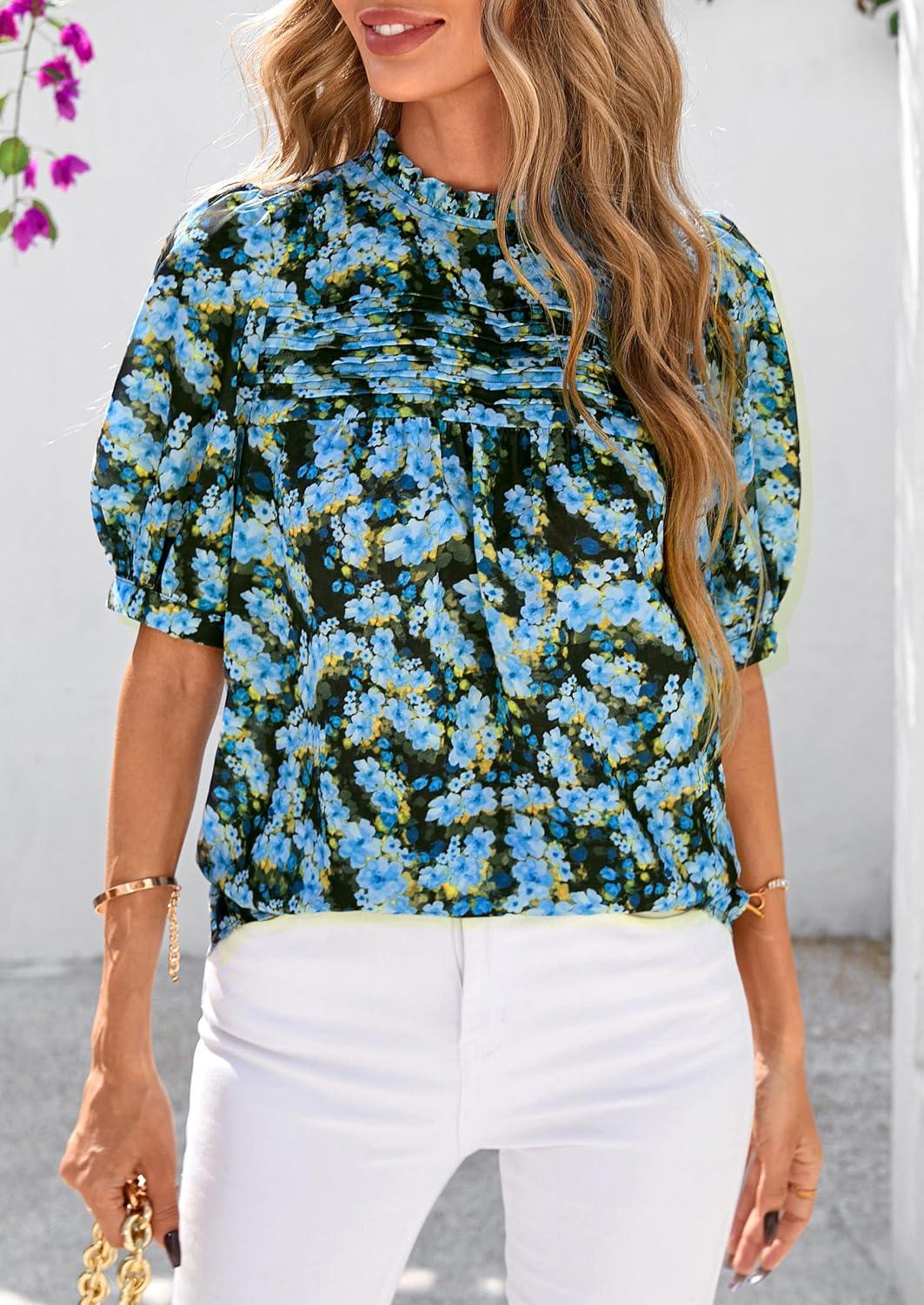 imagePRETTYGARDEN Floral Tops for Women Blouses Dressy Casual 2026 Summer Trendy Outfits Boho Pleated Short Sleeve ShirtsFloral Blue Yellow