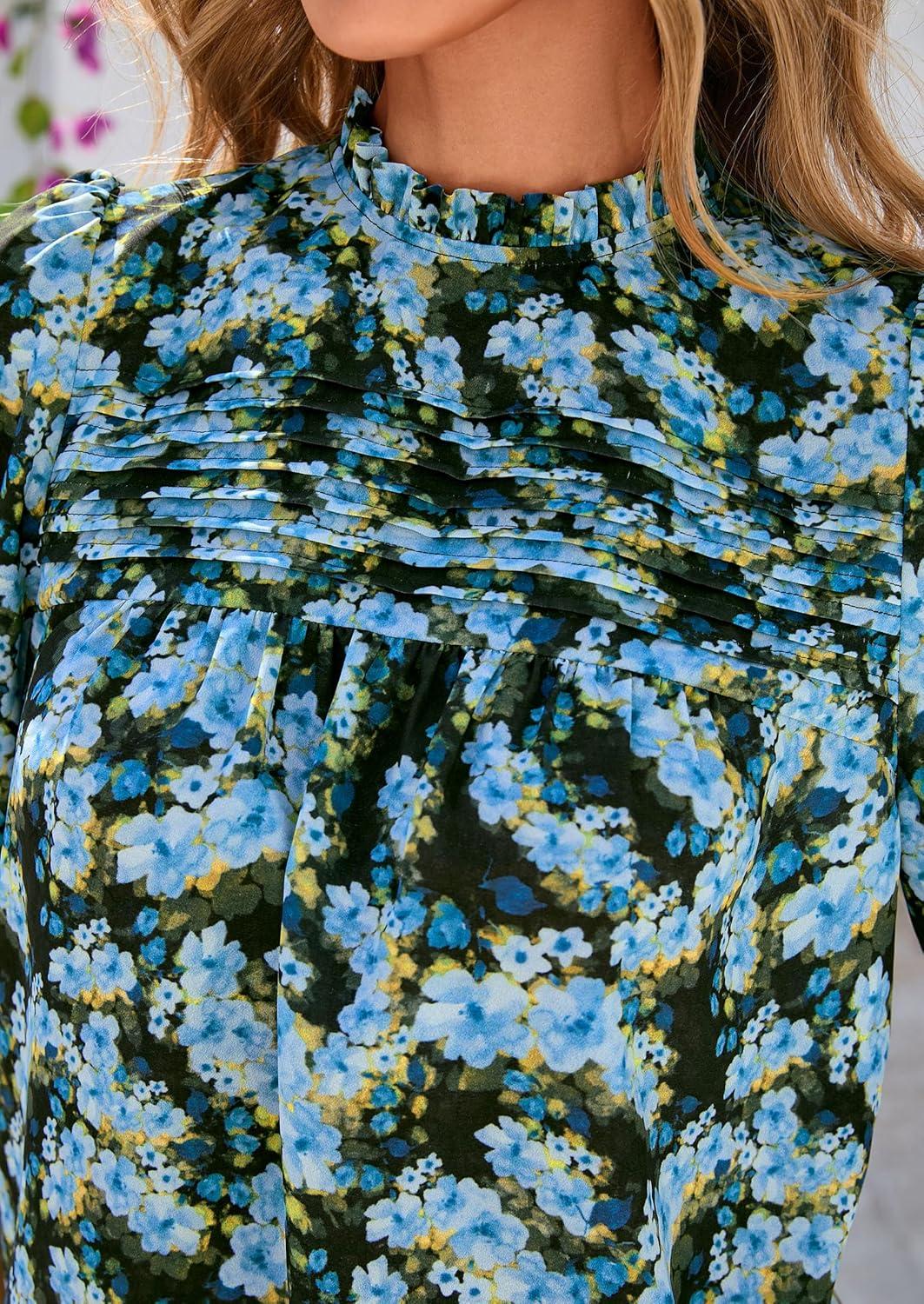 imagePRETTYGARDEN Floral Tops for Women Blouses Dressy Casual 2026 Summer Trendy Outfits Boho Pleated Short Sleeve ShirtsFloral Blue Yellow
