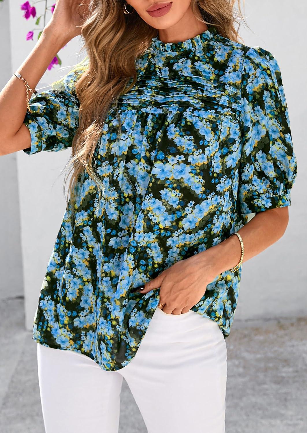 imagePRETTYGARDEN Floral Tops for Women Blouses Dressy Casual 2026 Summer Trendy Outfits Boho Pleated Short Sleeve ShirtsFloral Blue Yellow