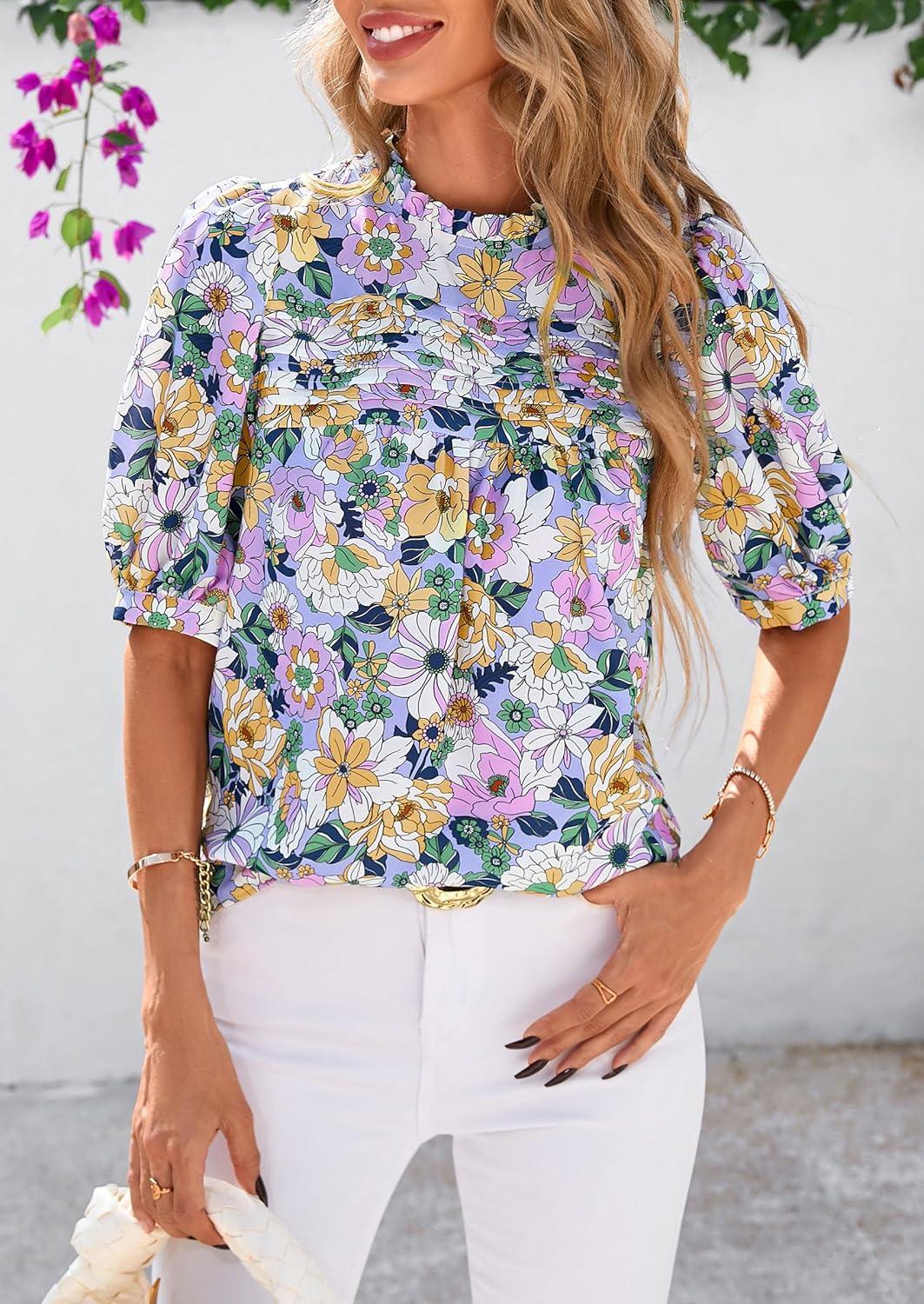 imagePRETTYGARDEN Floral Tops for Women Blouses Dressy Casual 2026 Summer Trendy Outfits Boho Pleated Short Sleeve ShirtsFloral Purple Pink