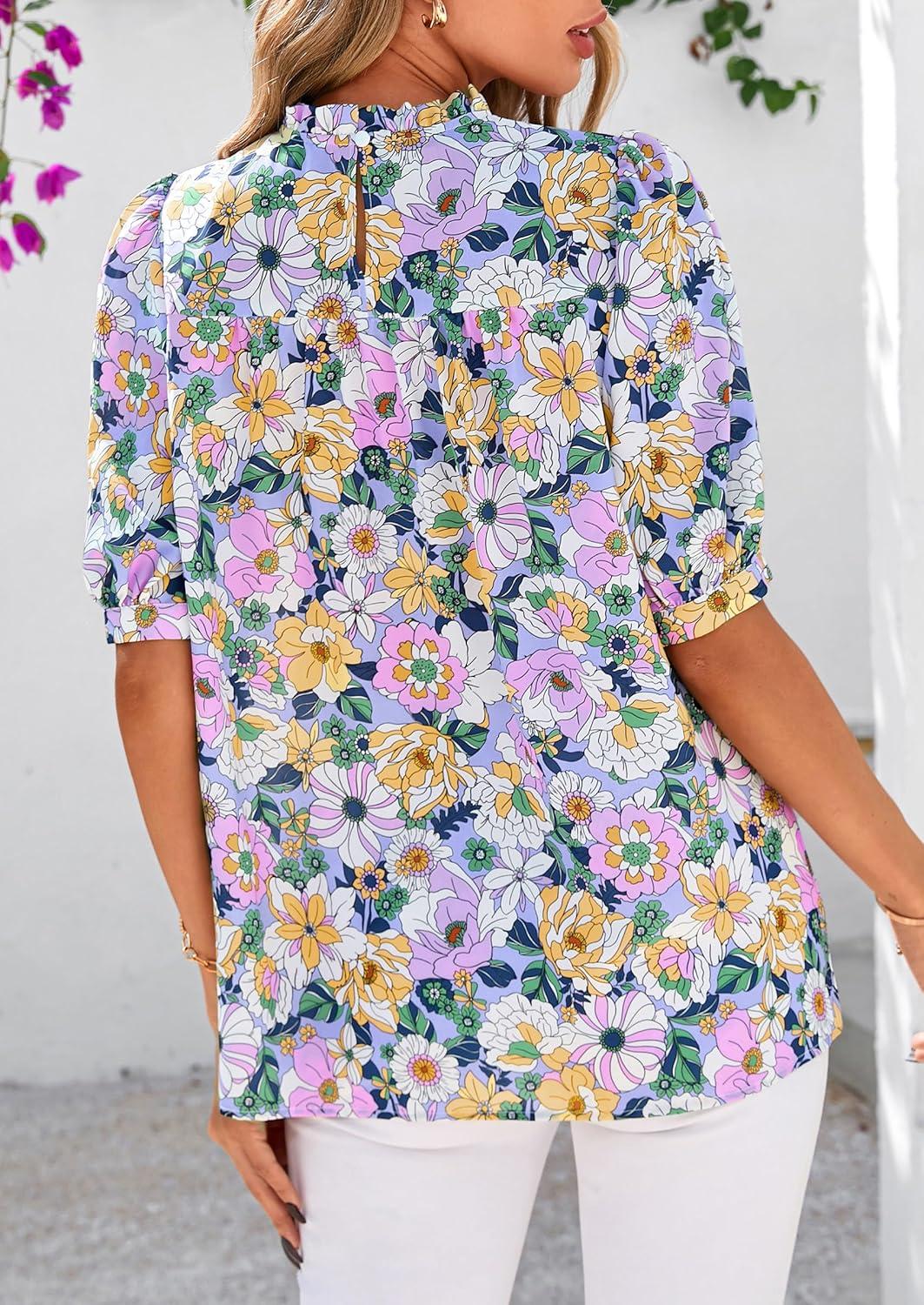 imagePRETTYGARDEN Floral Tops for Women Blouses Dressy Casual 2026 Summer Trendy Outfits Boho Pleated Short Sleeve ShirtsFloral Purple Pink
