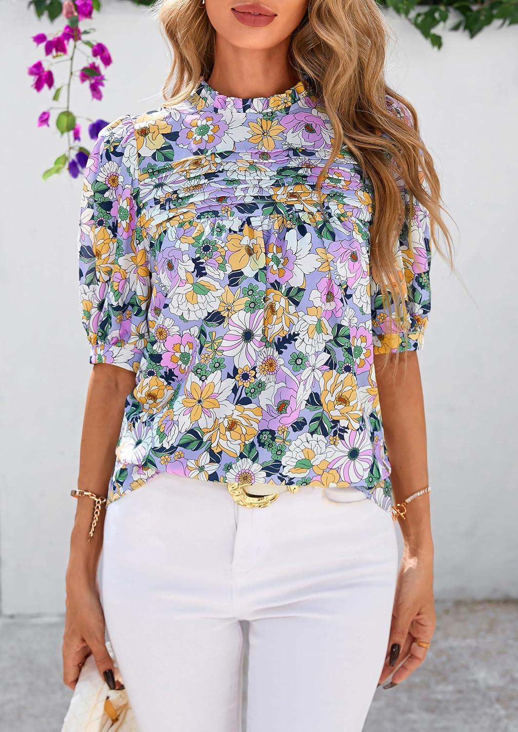 imagePRETTYGARDEN Floral Tops for Women Blouses Dressy Casual 2026 Summer Trendy Outfits Boho Pleated Short Sleeve ShirtsFloral Purple Pink