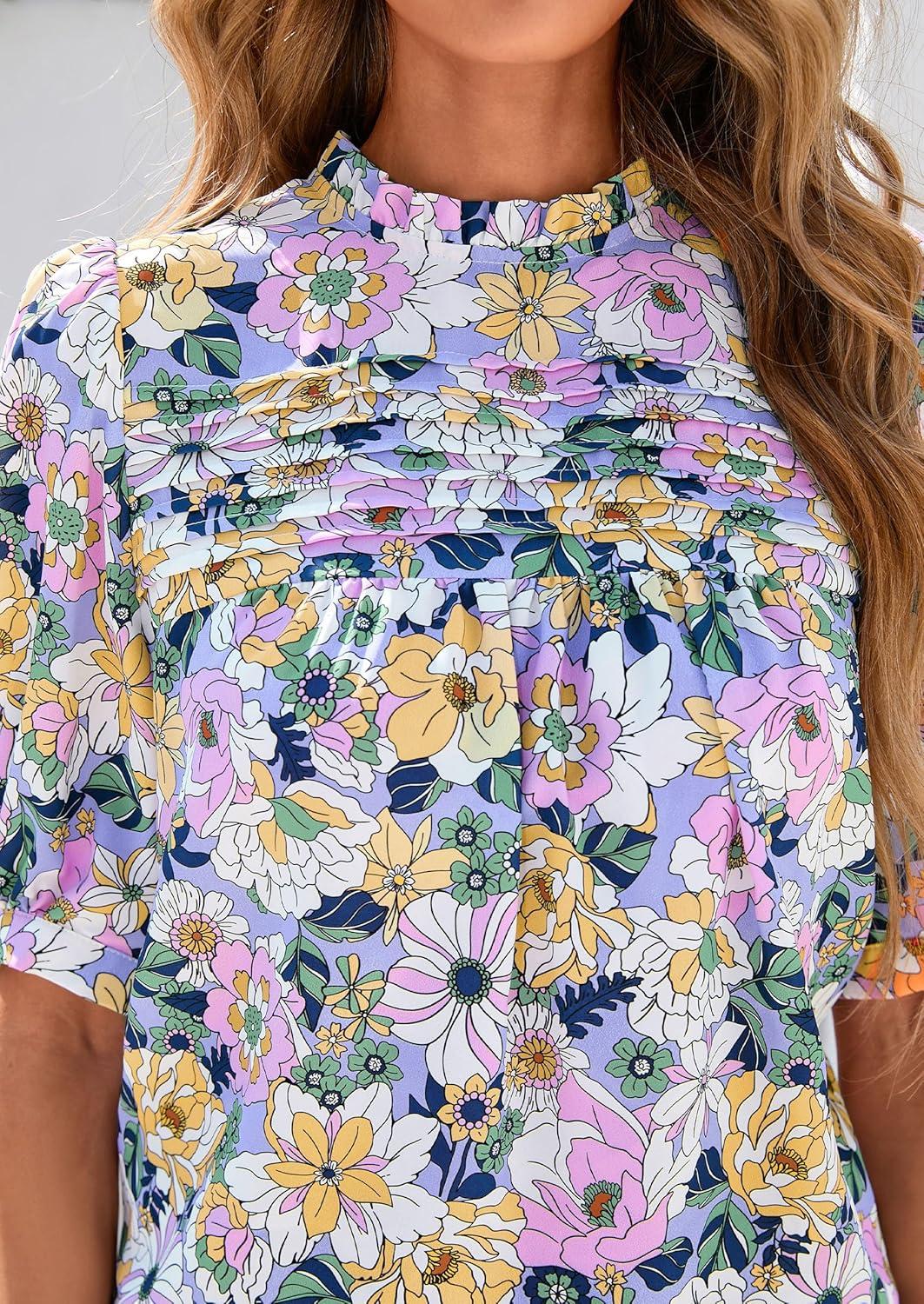 imagePRETTYGARDEN Floral Tops for Women Blouses Dressy Casual 2026 Summer Trendy Outfits Boho Pleated Short Sleeve ShirtsFloral Purple Pink