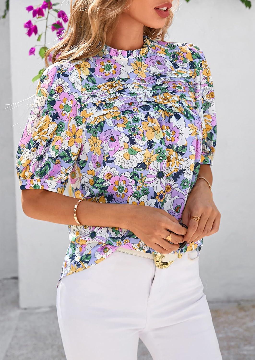 imagePRETTYGARDEN Floral Tops for Women Blouses Dressy Casual 2026 Summer Trendy Outfits Boho Pleated Short Sleeve ShirtsFloral Purple Pink