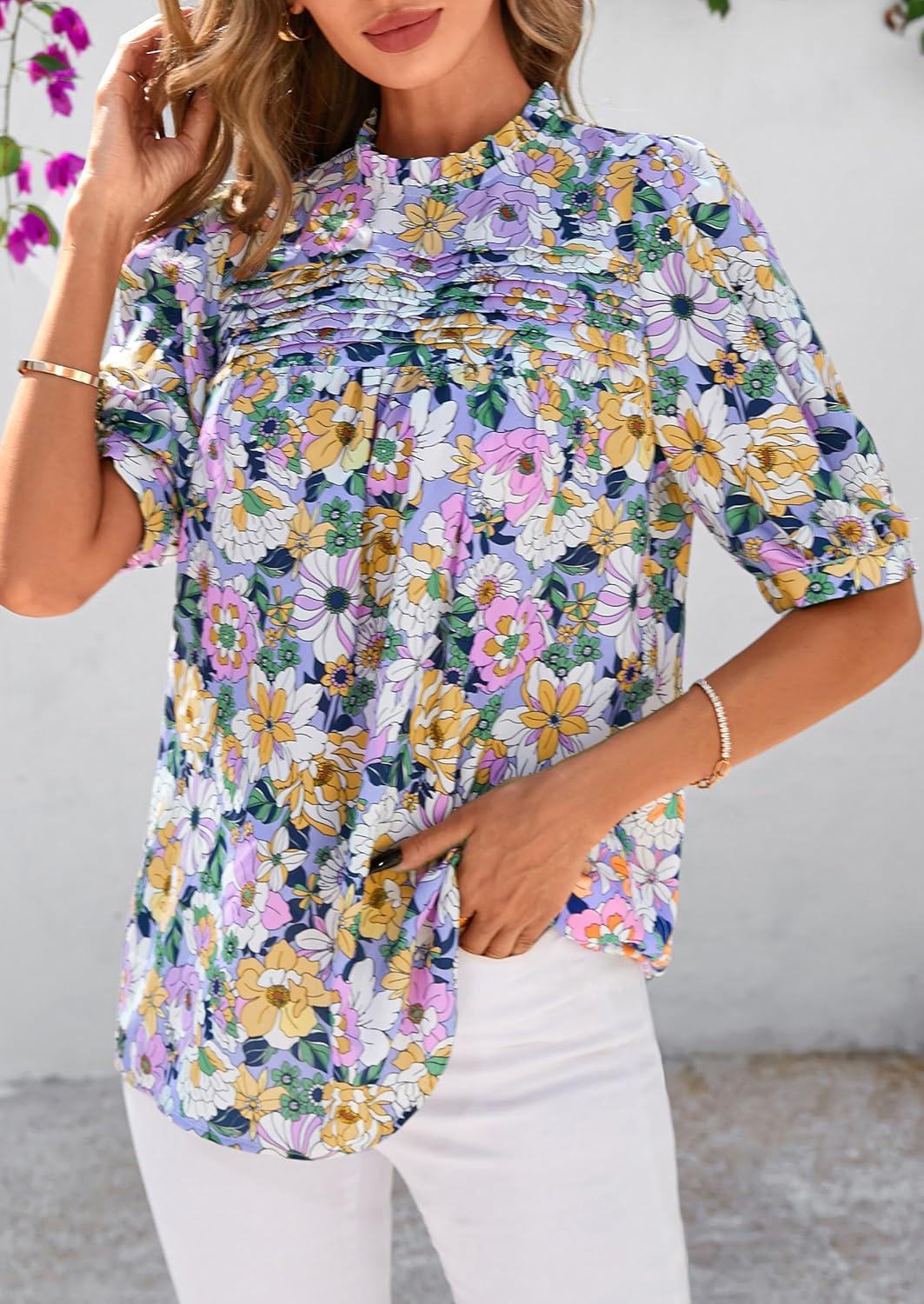 imagePRETTYGARDEN Floral Tops for Women Blouses Dressy Casual 2026 Summer Trendy Outfits Boho Pleated Short Sleeve ShirtsFloral Purple Pink