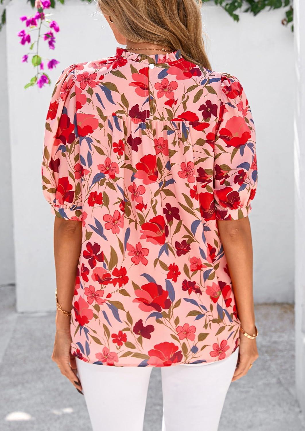 imagePRETTYGARDEN Floral Tops for Women Blouses Dressy Casual 2026 Summer Trendy Outfits Boho Pleated Short Sleeve ShirtsPink Red Flower