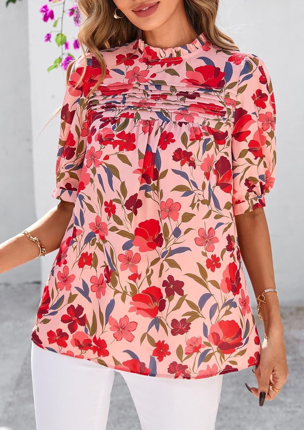 imagePRETTYGARDEN Floral Tops for Women Blouses Dressy Casual 2026 Summer Trendy Outfits Boho Pleated Short Sleeve ShirtsPink Red Flower