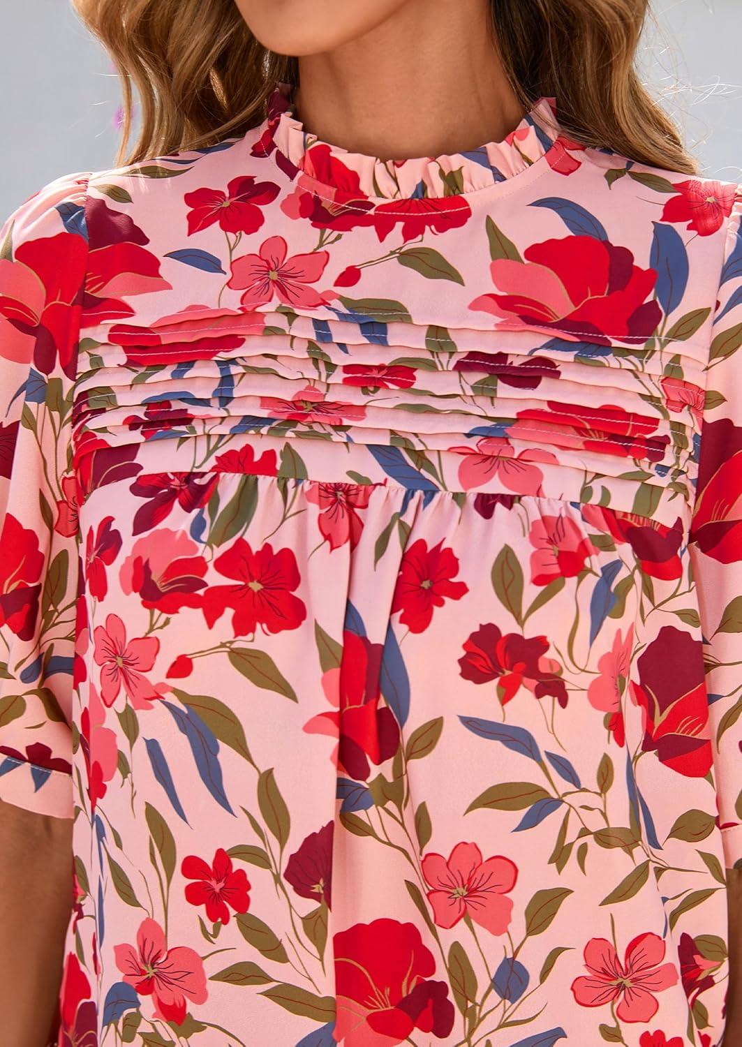 imagePRETTYGARDEN Floral Tops for Women Blouses Dressy Casual 2026 Summer Trendy Outfits Boho Pleated Short Sleeve ShirtsPink Red Flower