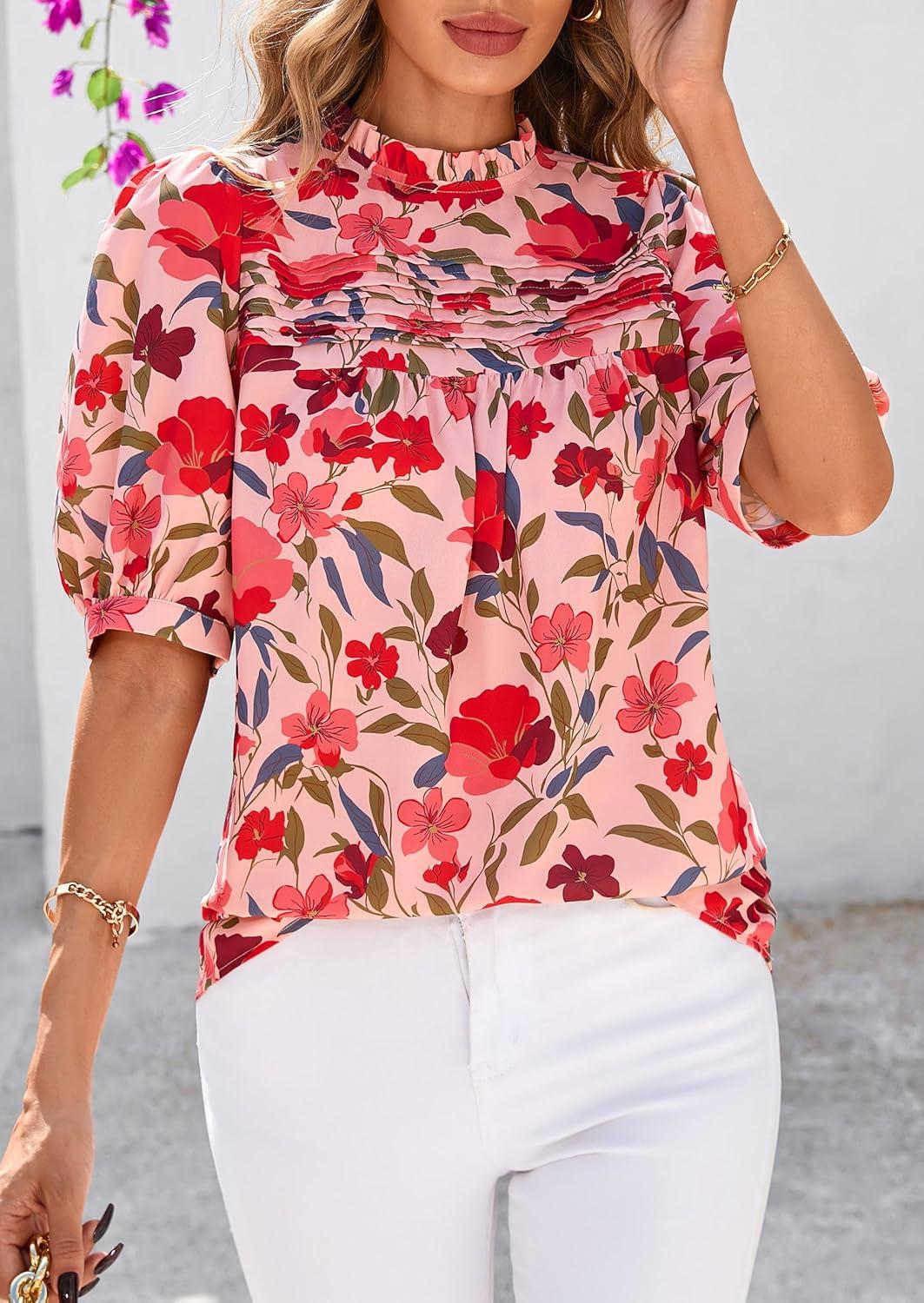 imagePRETTYGARDEN Floral Tops for Women Blouses Dressy Casual 2026 Summer Trendy Outfits Boho Pleated Short Sleeve ShirtsPink Red Flower