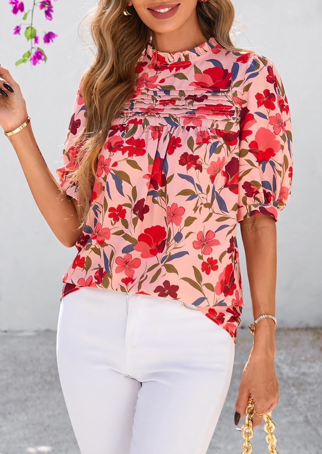 imagePRETTYGARDEN Floral Tops for Women Blouses Dressy Casual 2026 Summer Trendy Outfits Boho Pleated Short Sleeve ShirtsPink Red Flower