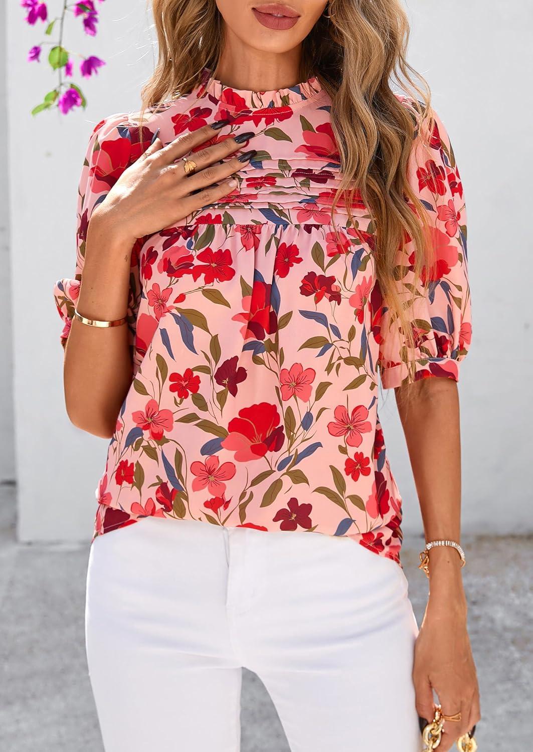 imagePRETTYGARDEN Floral Tops for Women Blouses Dressy Casual 2026 Summer Trendy Outfits Boho Pleated Short Sleeve ShirtsPink Red Flower