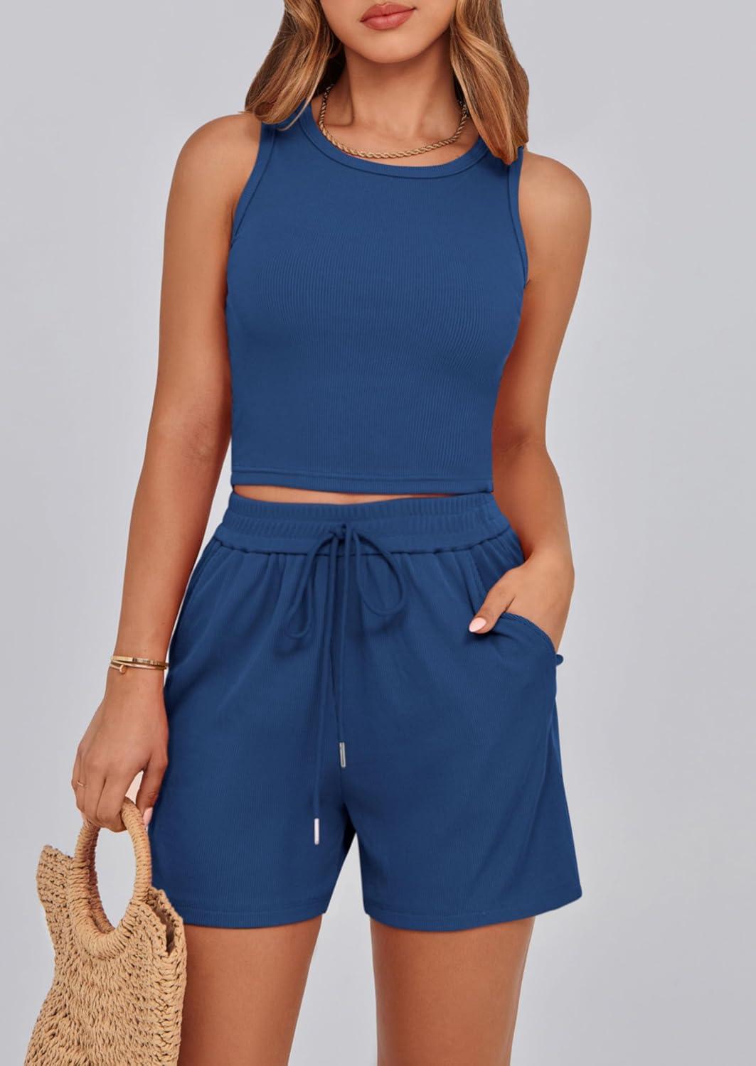 imagePRETTYGARDEN Lounge Sets for Women 2025 Summer Two Piece Matching Outfits Beach Vacation Clothes Sleeveless Tops and Shorts