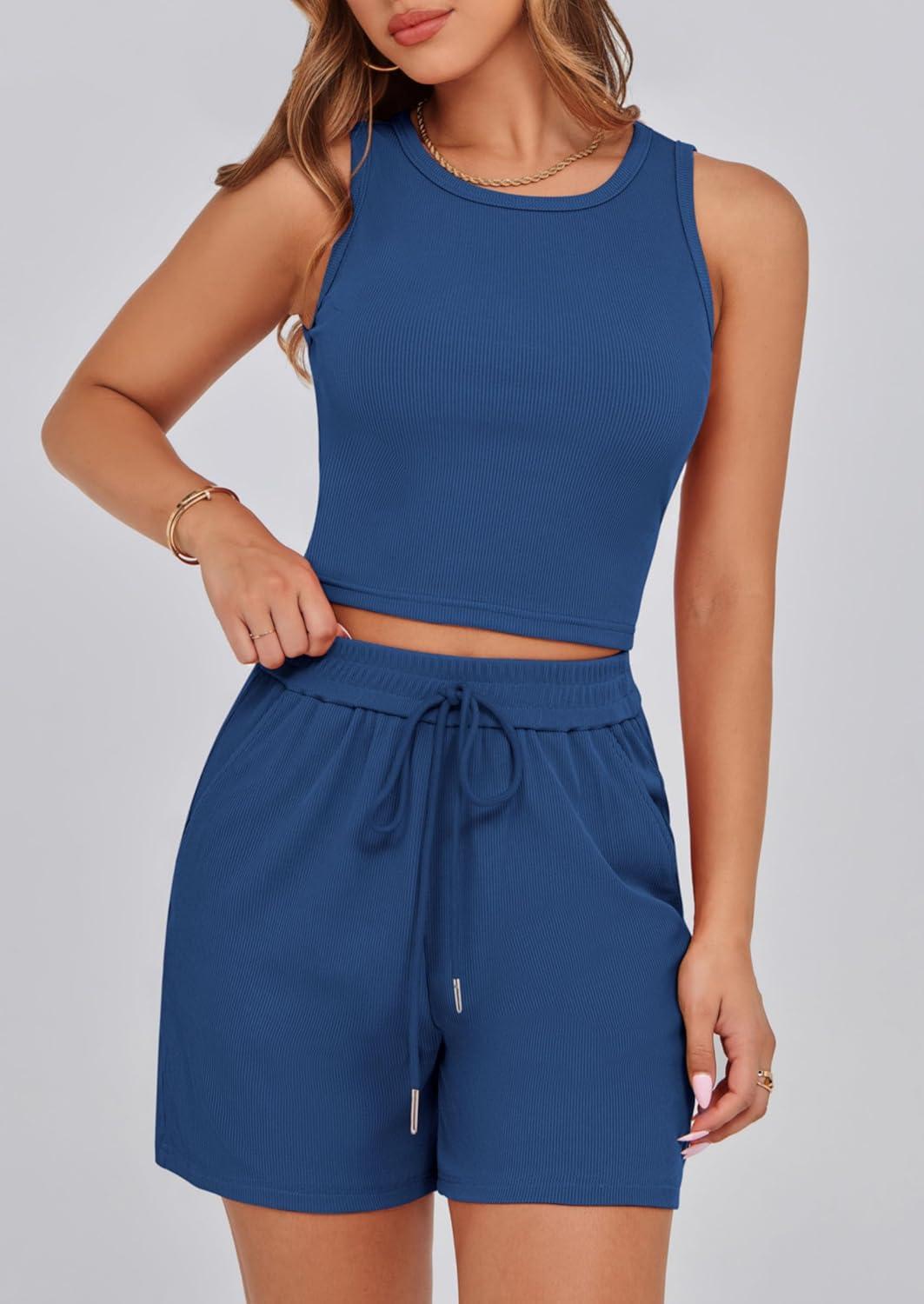 imagePRETTYGARDEN Lounge Sets for Women 2025 Summer Two Piece Matching Outfits Beach Vacation Clothes Sleeveless Tops and Shorts
