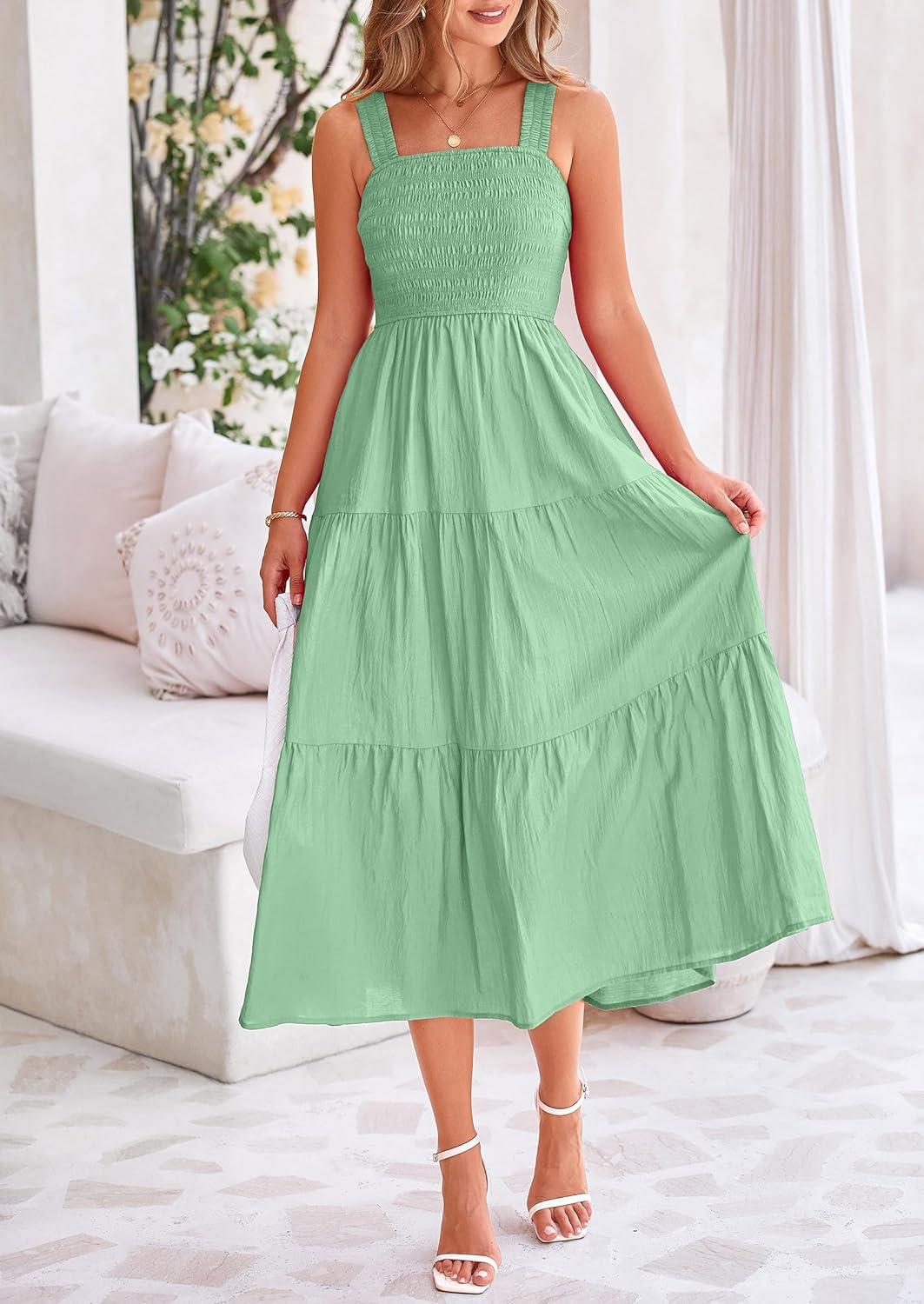imagePRETTYGARDEN Midi Dress for Women 2025 Summer Smocked Ruffle A Line Long Flowy Dresses Cute Sleeveless Beach Sundress