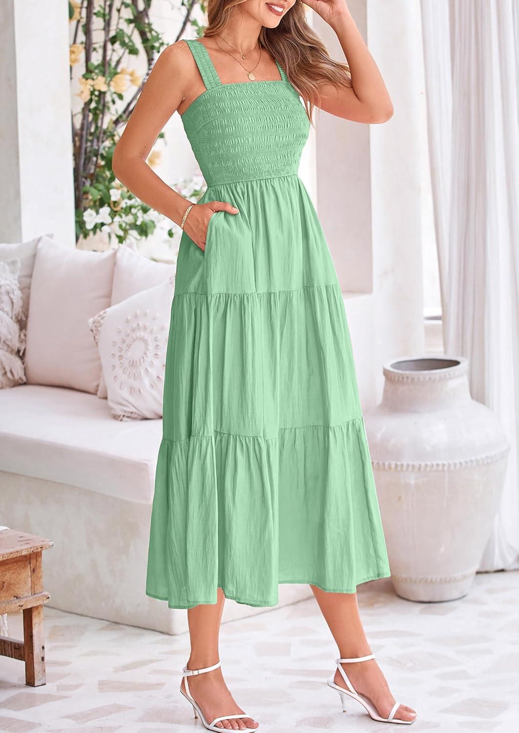 imagePRETTYGARDEN Midi Dress for Women 2025 Summer Smocked Ruffle A Line Long Flowy Dresses Cute Sleeveless Beach Sundress