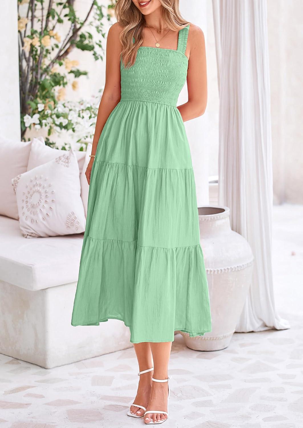 imagePRETTYGARDEN Midi Dress for Women 2025 Summer Smocked Ruffle A Line Long Flowy Dresses Cute Sleeveless Beach Sundress