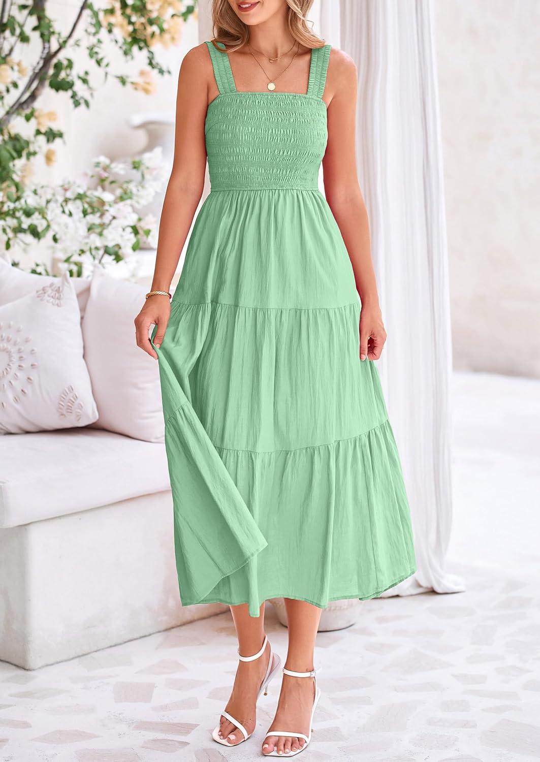 imagePRETTYGARDEN Midi Dress for Women 2025 Summer Smocked Ruffle A Line Long Flowy Dresses Cute Sleeveless Beach Sundress