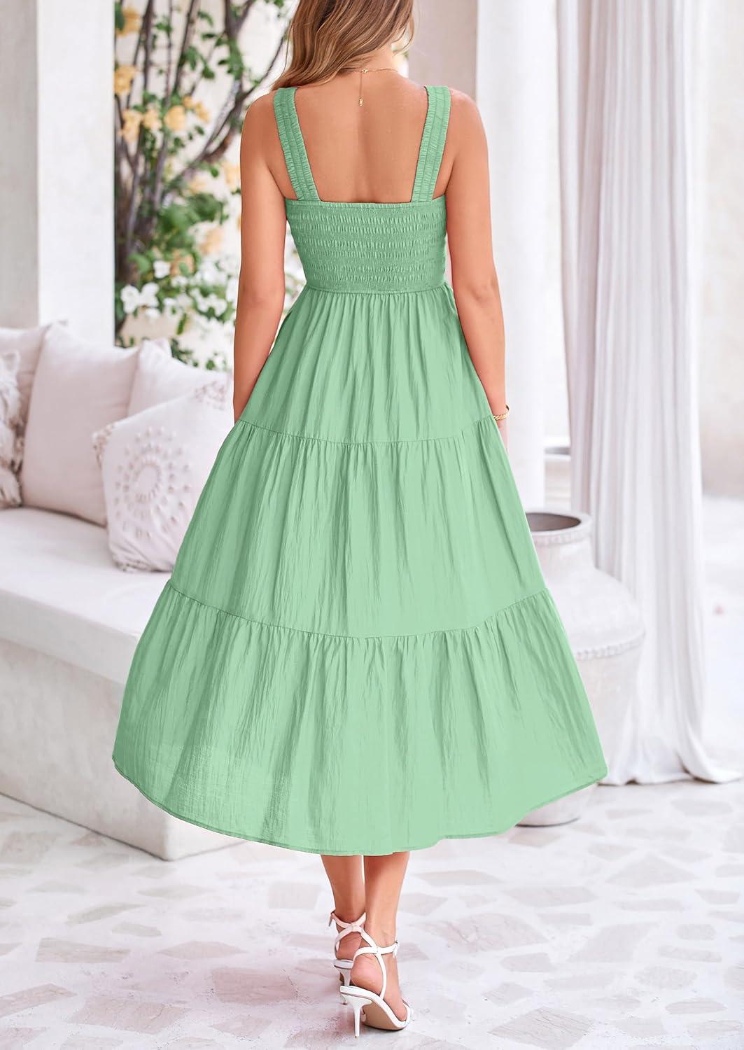 imagePRETTYGARDEN Midi Dress for Women 2025 Summer Smocked Ruffle A Line Long Flowy Dresses Cute Sleeveless Beach Sundress