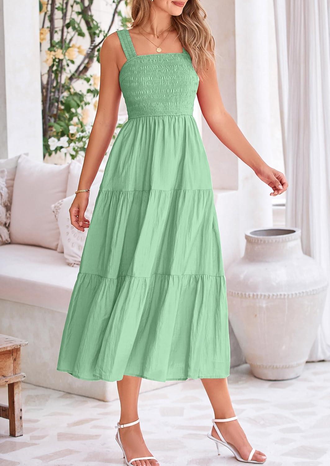 imagePRETTYGARDEN Midi Dress for Women 2025 Summer Smocked Ruffle A Line Long Flowy Dresses Cute Sleeveless Beach Sundress