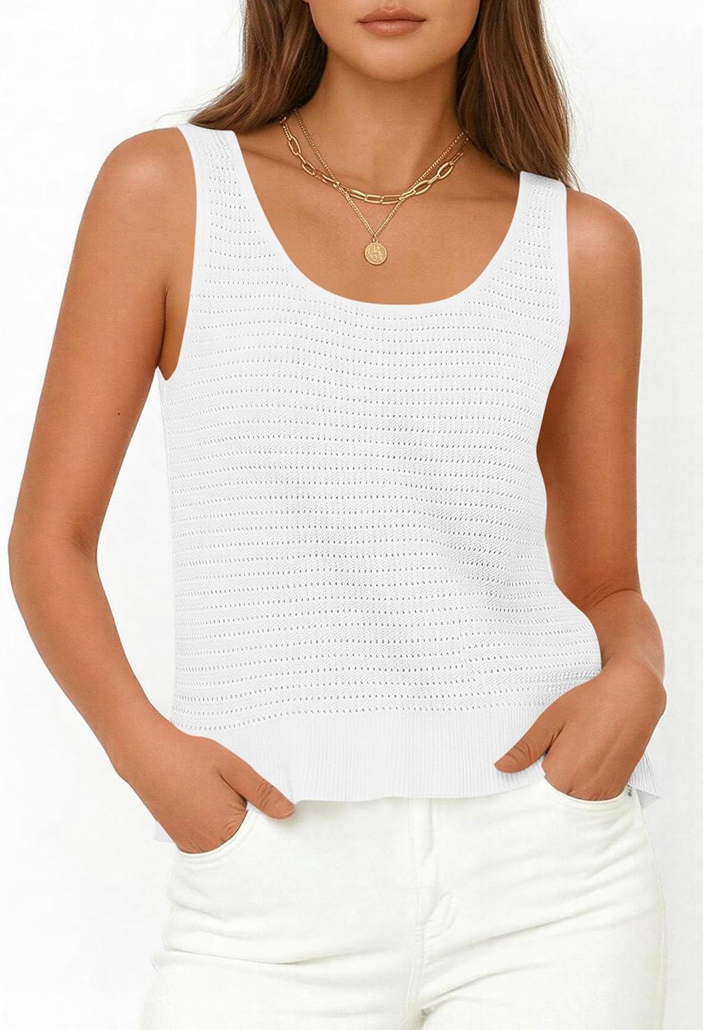imagePRETTYGARDEN Sleeveless Sweater Tops for Women 2026 Spring Boho Tank Top Summer Crochet Scoop Neck Beach Vacation ClothesWhite