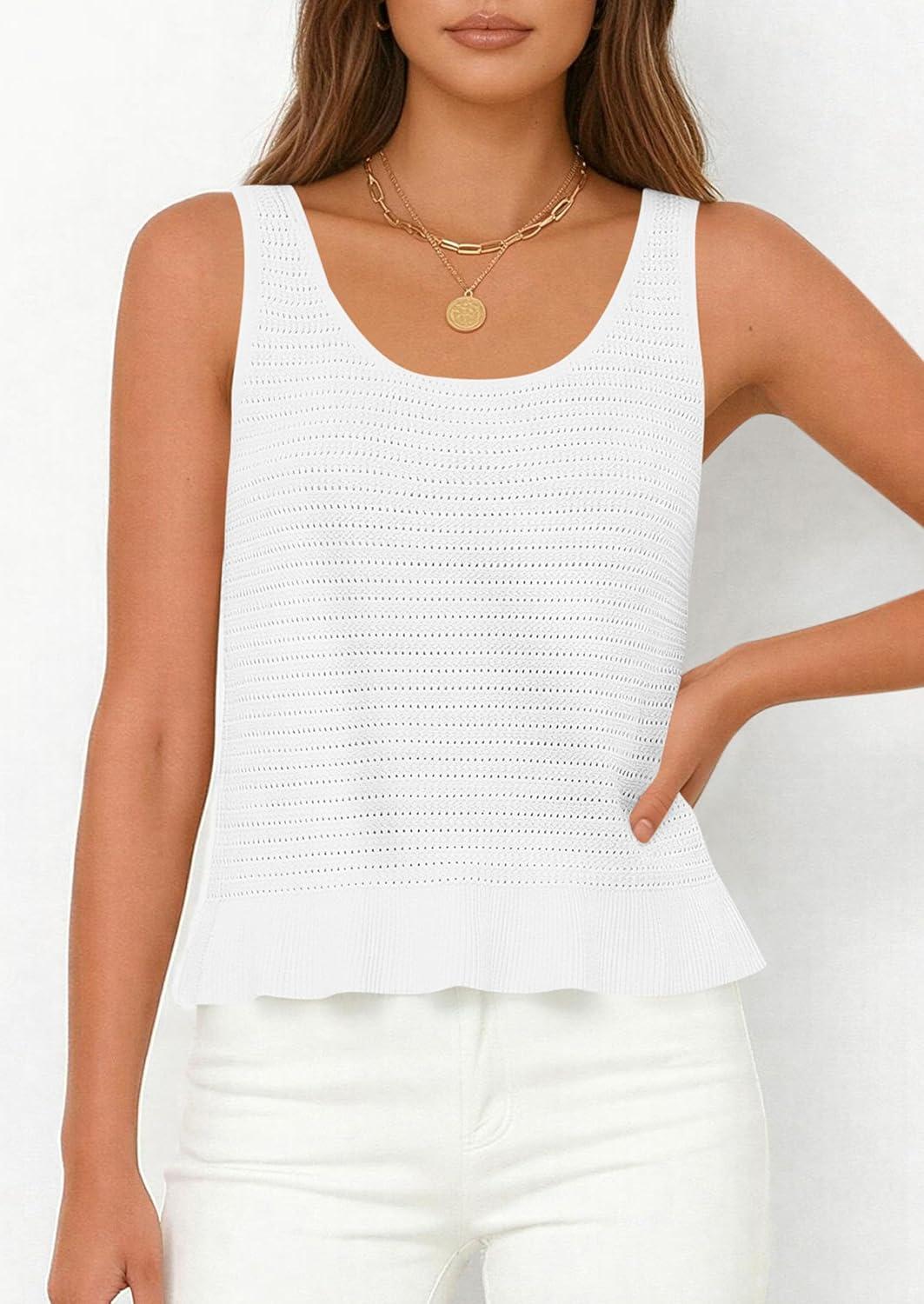 imagePRETTYGARDEN Sleeveless Sweater Tops for Women 2026 Spring Boho Tank Top Summer Crochet Scoop Neck Beach Vacation ClothesWhite