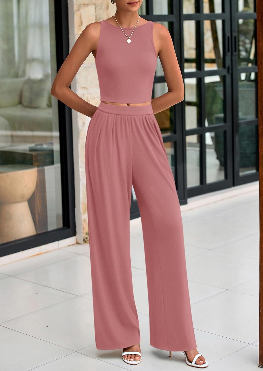 imagePRETTYGARDEN Spring Two Piece Sets For Women 2025 Ribbed Knit Crew Neck Sleeveless Tank Tops Wide Leg Pants Casual Lounge Set