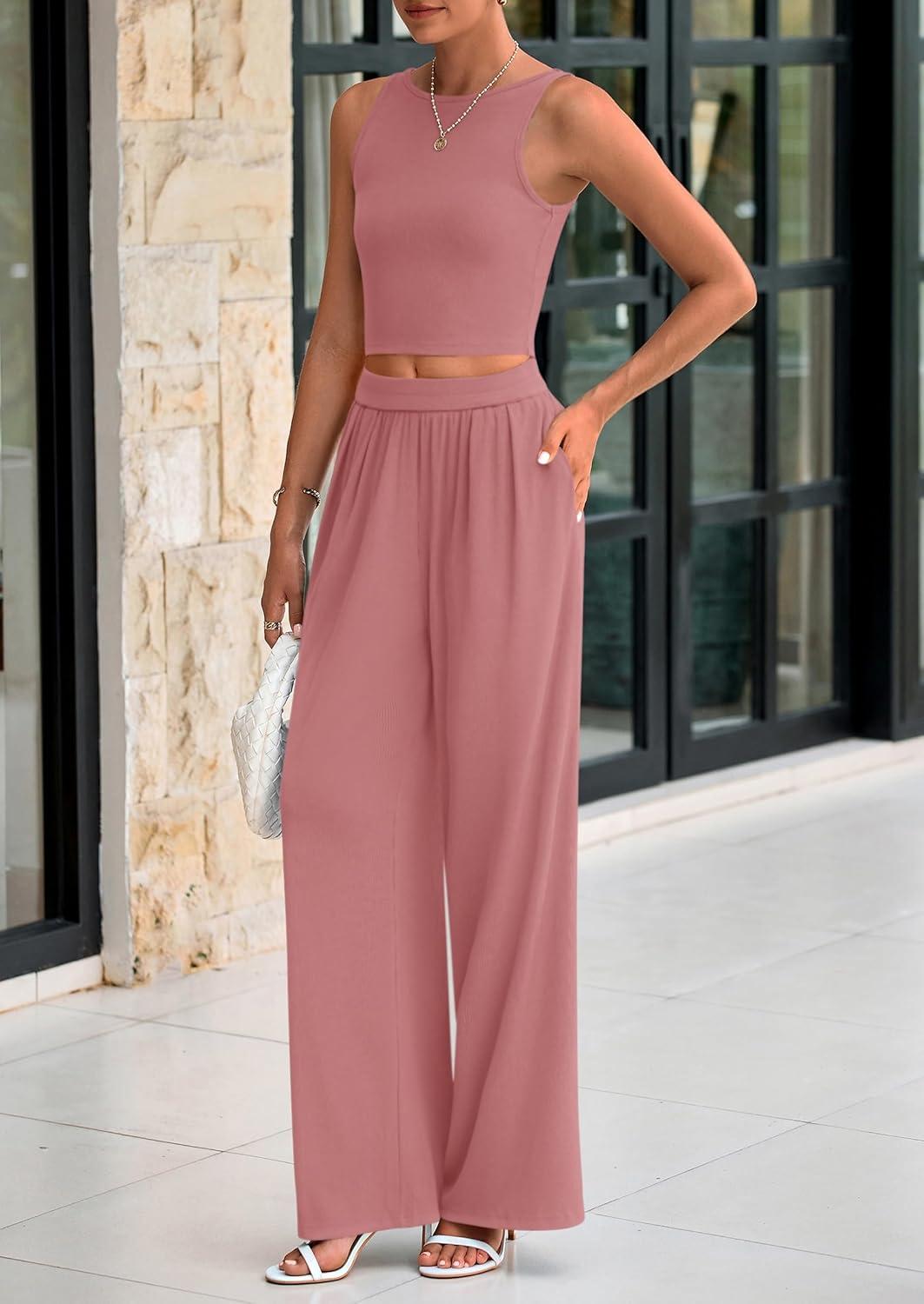 imagePRETTYGARDEN Spring Two Piece Sets For Women 2025 Ribbed Knit Crew Neck Sleeveless Tank Tops Wide Leg Pants Casual Lounge Set
