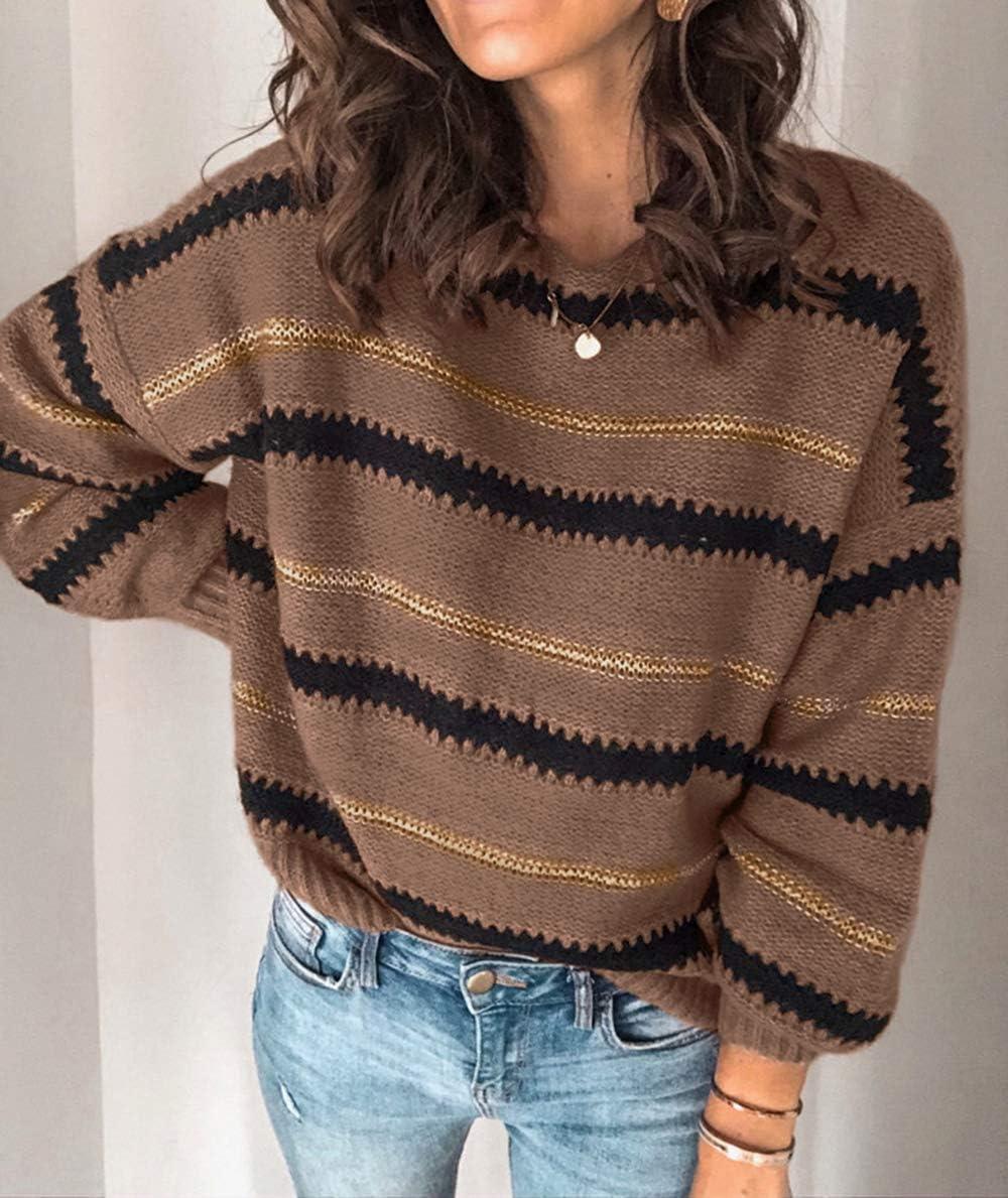 imagePRETTYGARDEN Sweaters for Women 2026 Long Sleeve Striped Knitted V Neck Pullover Jumper Tops Fall Outfits Fashion ClothingNarrow Striped Brown