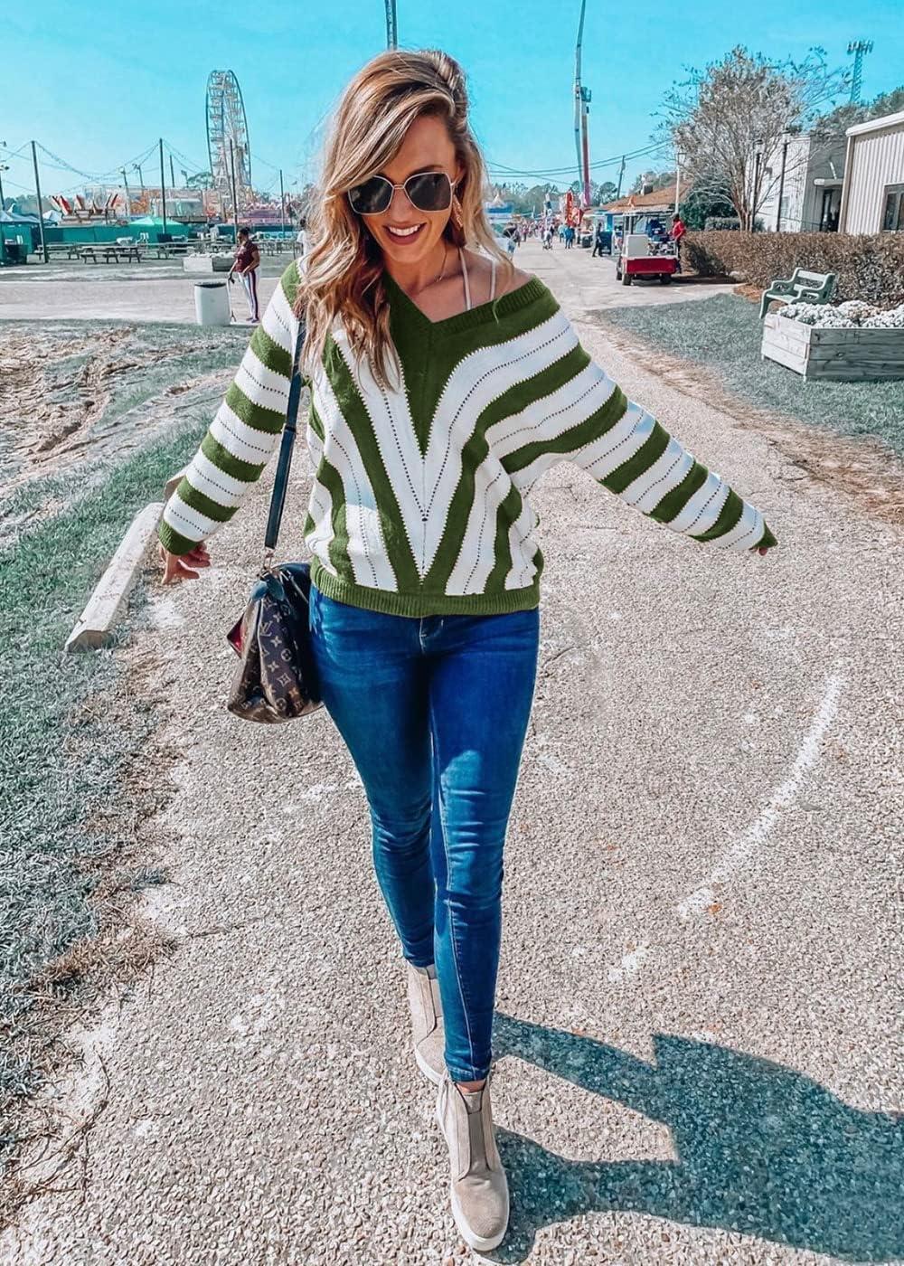 imagePRETTYGARDEN Sweaters for Women 2026 Long Sleeve Striped Knitted V Neck Pullover Jumper Tops Fall Outfits Fashion ClothingStriped Army Green