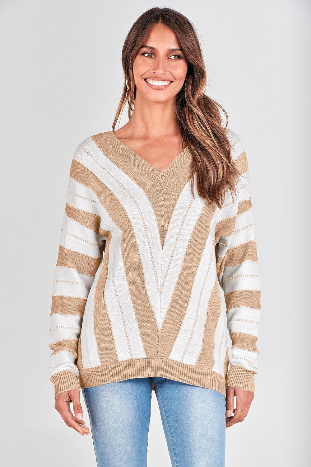 imagePRETTYGARDEN Sweaters for Women 2026 Long Sleeve Striped Knitted V Neck Pullover Jumper Tops Fall Outfits Fashion ClothingStriped Beige