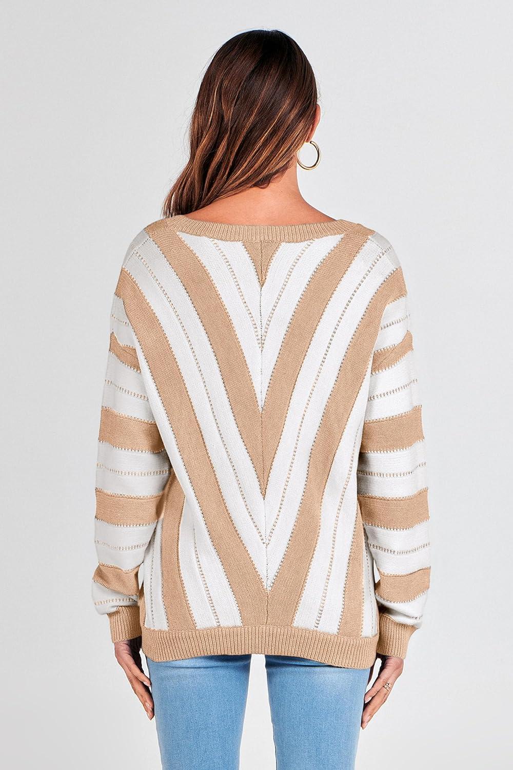 imagePRETTYGARDEN Sweaters for Women 2026 Long Sleeve Striped Knitted V Neck Pullover Jumper Tops Fall Outfits Fashion ClothingStriped Beige