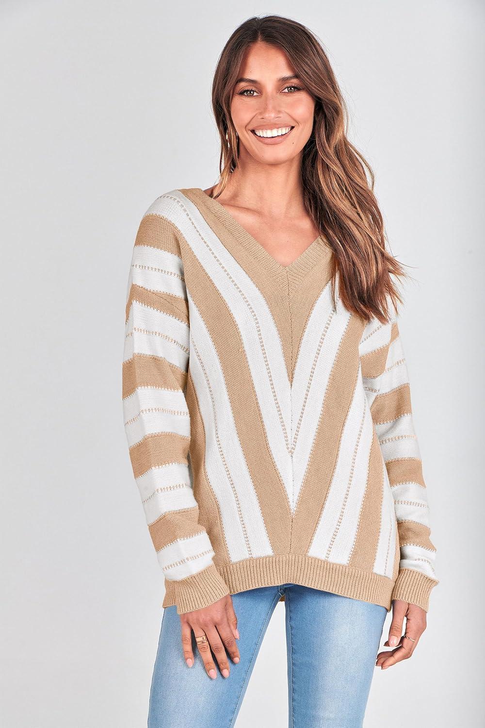 imagePRETTYGARDEN Sweaters for Women 2026 Long Sleeve Striped Knitted V Neck Pullover Jumper Tops Fall Outfits Fashion ClothingStriped Beige
