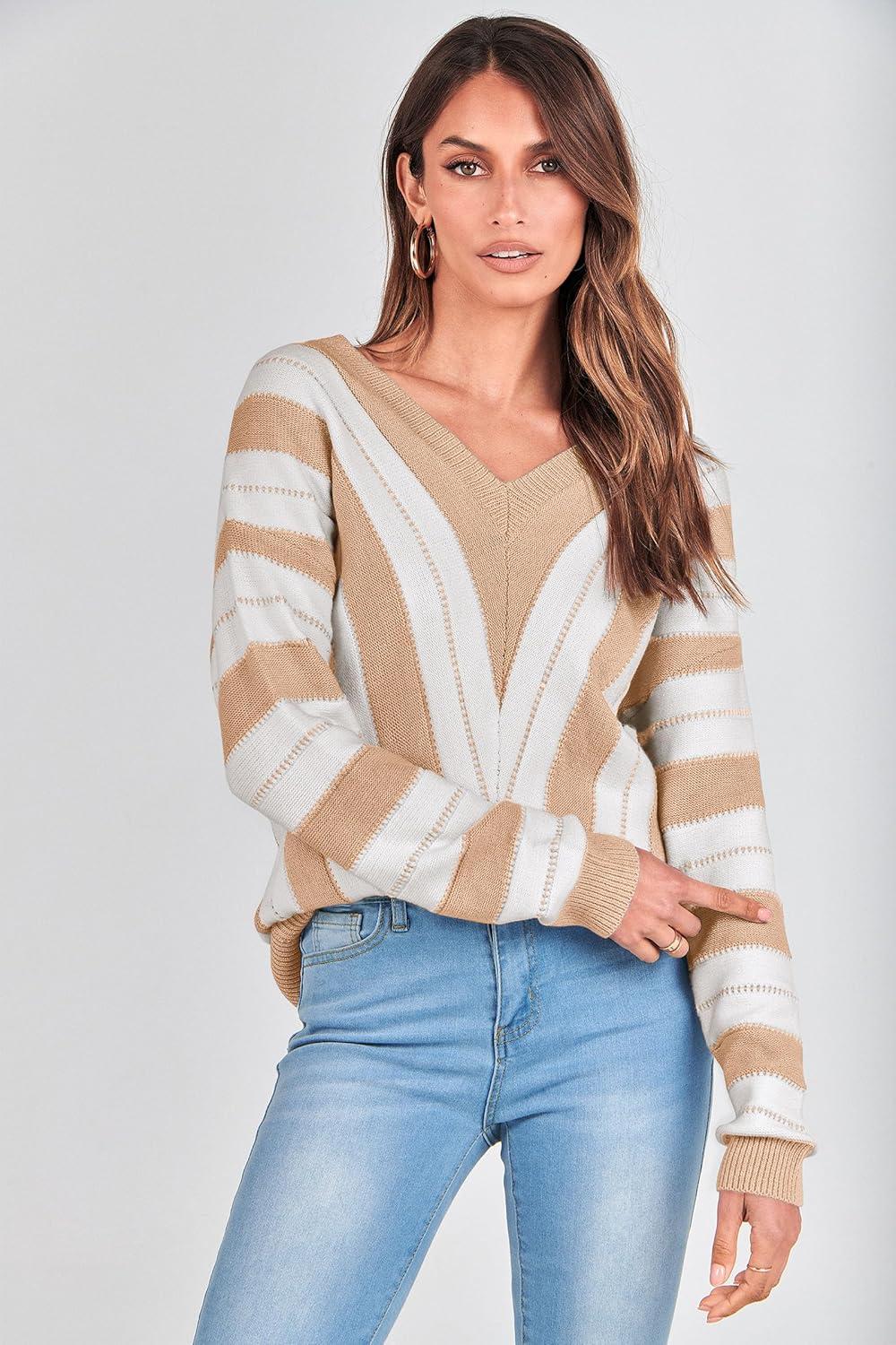 imagePRETTYGARDEN Sweaters for Women 2026 Long Sleeve Striped Knitted V Neck Pullover Jumper Tops Fall Outfits Fashion ClothingStriped Beige