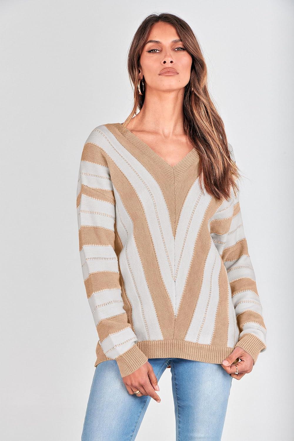 imagePRETTYGARDEN Sweaters for Women 2026 Long Sleeve Striped Knitted V Neck Pullover Jumper Tops Fall Outfits Fashion ClothingStriped Beige