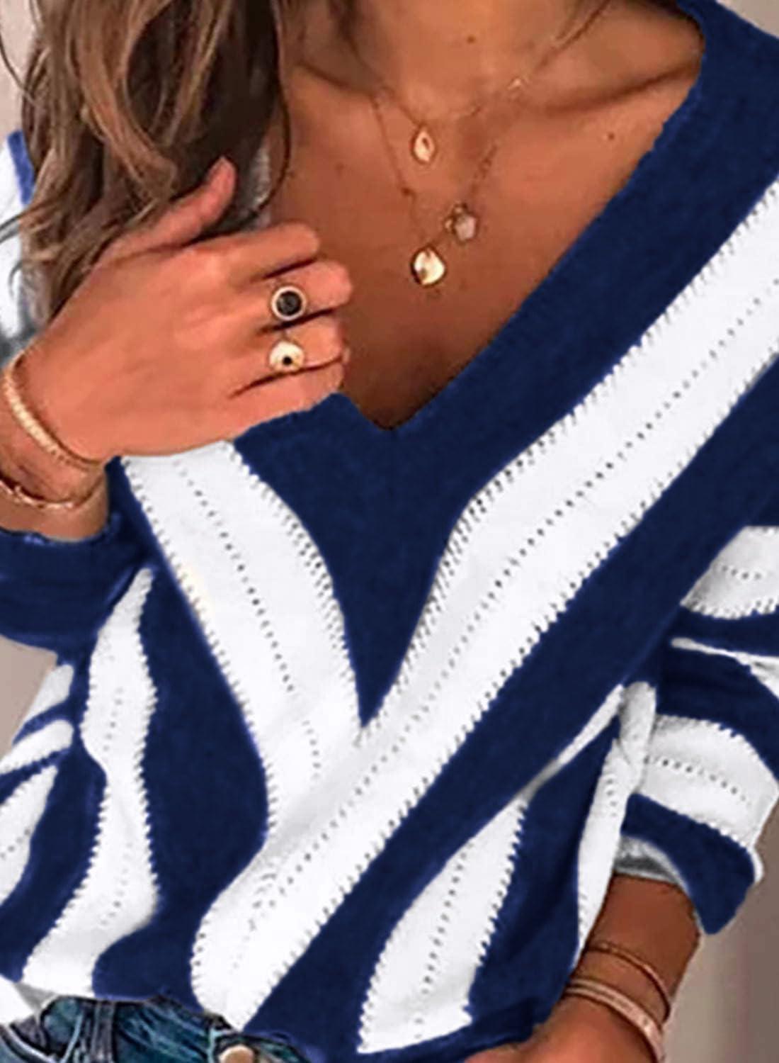 imagePRETTYGARDEN Sweaters for Women 2026 Long Sleeve Striped Knitted V Neck Pullover Jumper Tops Fall Outfits Fashion ClothingStriped Blue