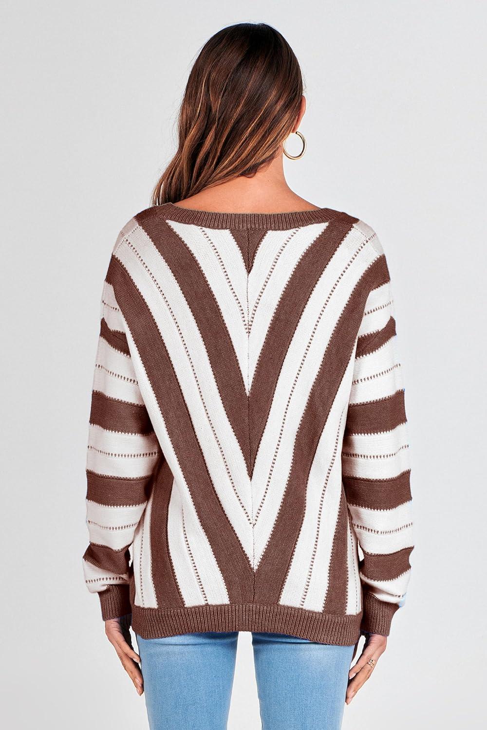 imagePRETTYGARDEN Sweaters for Women 2026 Long Sleeve Striped Knitted V Neck Pullover Jumper Tops Fall Outfits Fashion ClothingStriped Brown