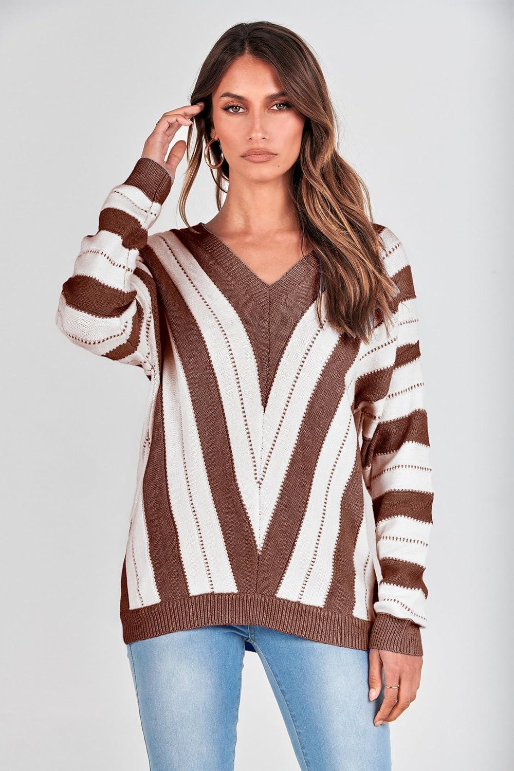 imagePRETTYGARDEN Sweaters for Women 2026 Long Sleeve Striped Knitted V Neck Pullover Jumper Tops Fall Outfits Fashion ClothingStriped Brown
