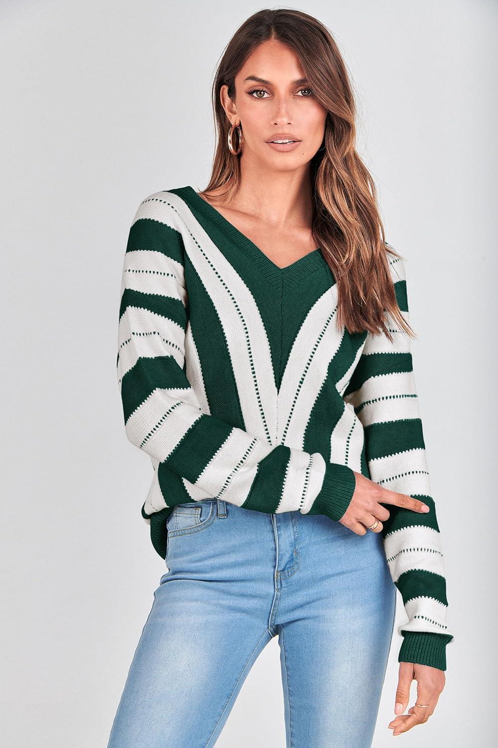 imagePRETTYGARDEN Sweaters for Women 2026 Long Sleeve Striped Knitted V Neck Pullover Jumper Tops Fall Outfits Fashion ClothingStriped Dark Green