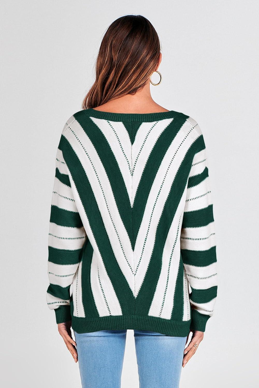 imagePRETTYGARDEN Sweaters for Women 2026 Long Sleeve Striped Knitted V Neck Pullover Jumper Tops Fall Outfits Fashion ClothingStriped Dark Green