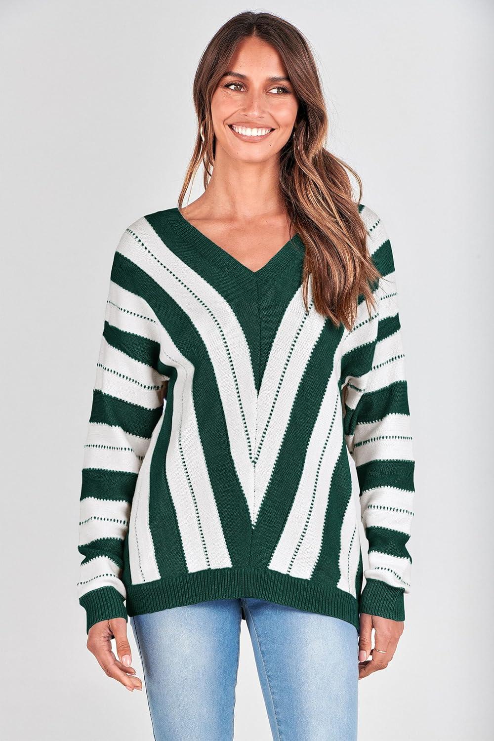 imagePRETTYGARDEN Sweaters for Women 2026 Long Sleeve Striped Knitted V Neck Pullover Jumper Tops Fall Outfits Fashion ClothingStriped Dark Green