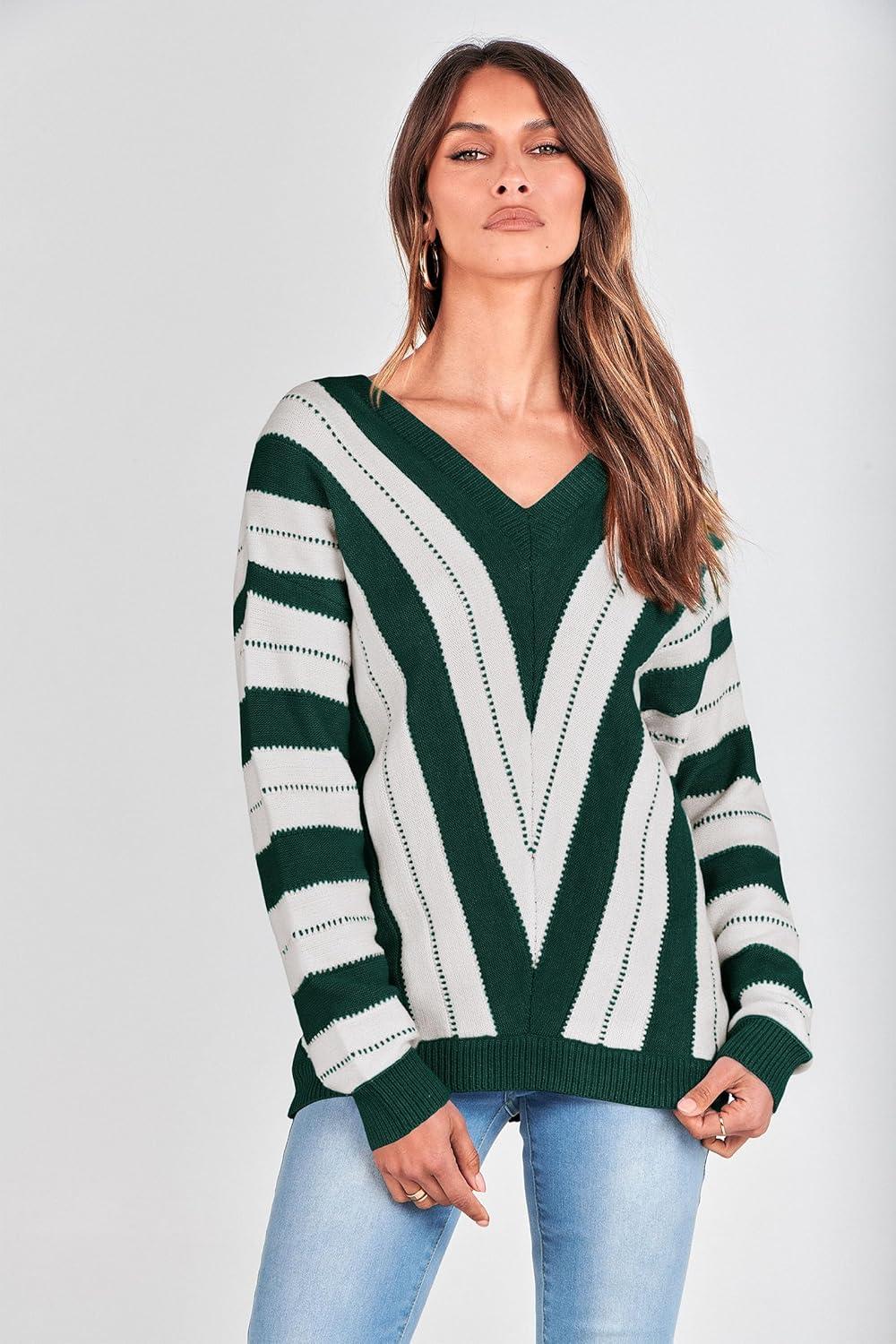 imagePRETTYGARDEN Sweaters for Women 2026 Long Sleeve Striped Knitted V Neck Pullover Jumper Tops Fall Outfits Fashion ClothingStriped Dark Green