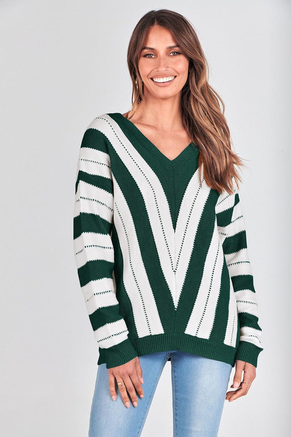 imagePRETTYGARDEN Sweaters for Women 2026 Long Sleeve Striped Knitted V Neck Pullover Jumper Tops Fall Outfits Fashion ClothingStriped Dark Green