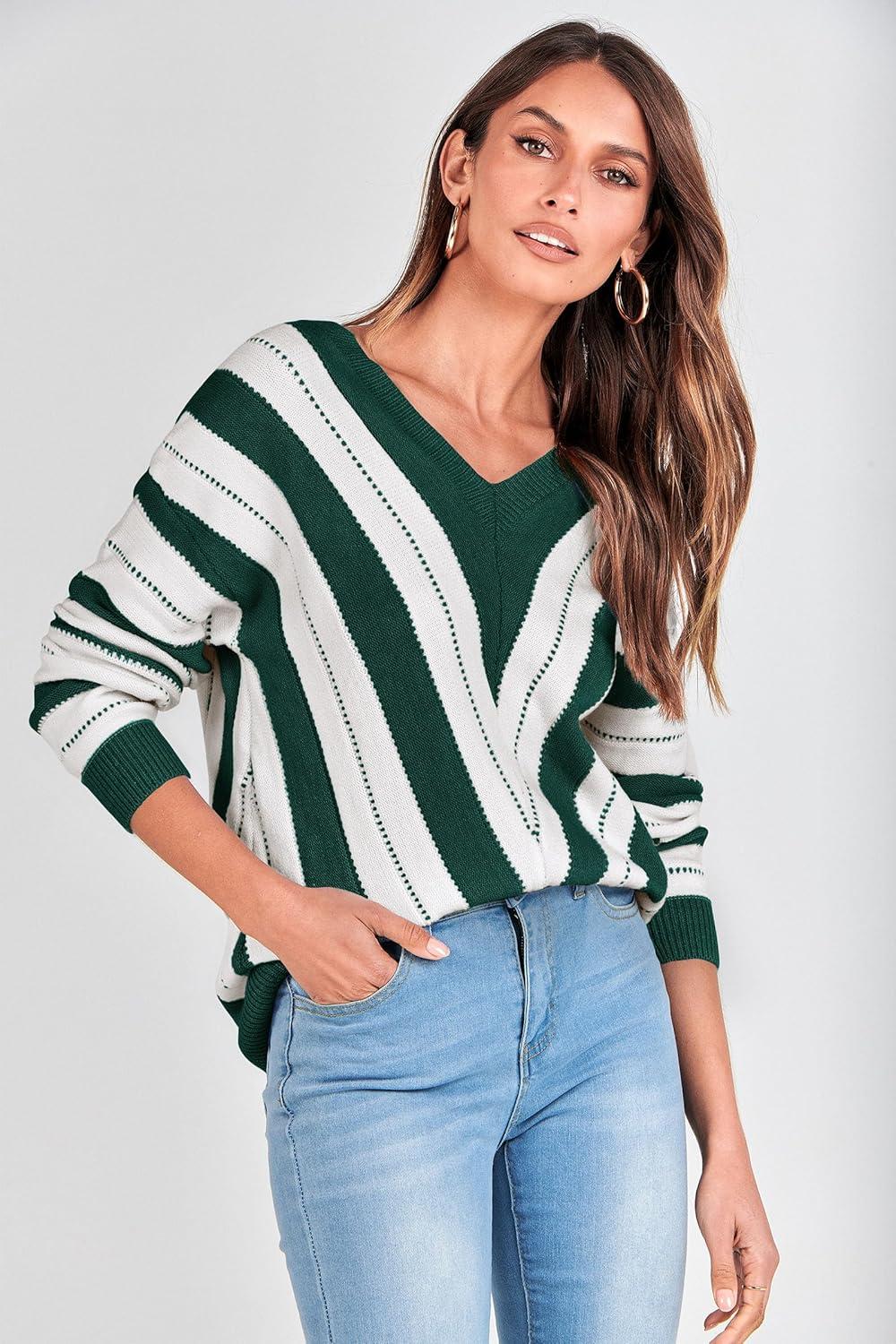 imagePRETTYGARDEN Sweaters for Women 2026 Long Sleeve Striped Knitted V Neck Pullover Jumper Tops Fall Outfits Fashion ClothingStriped Dark Green