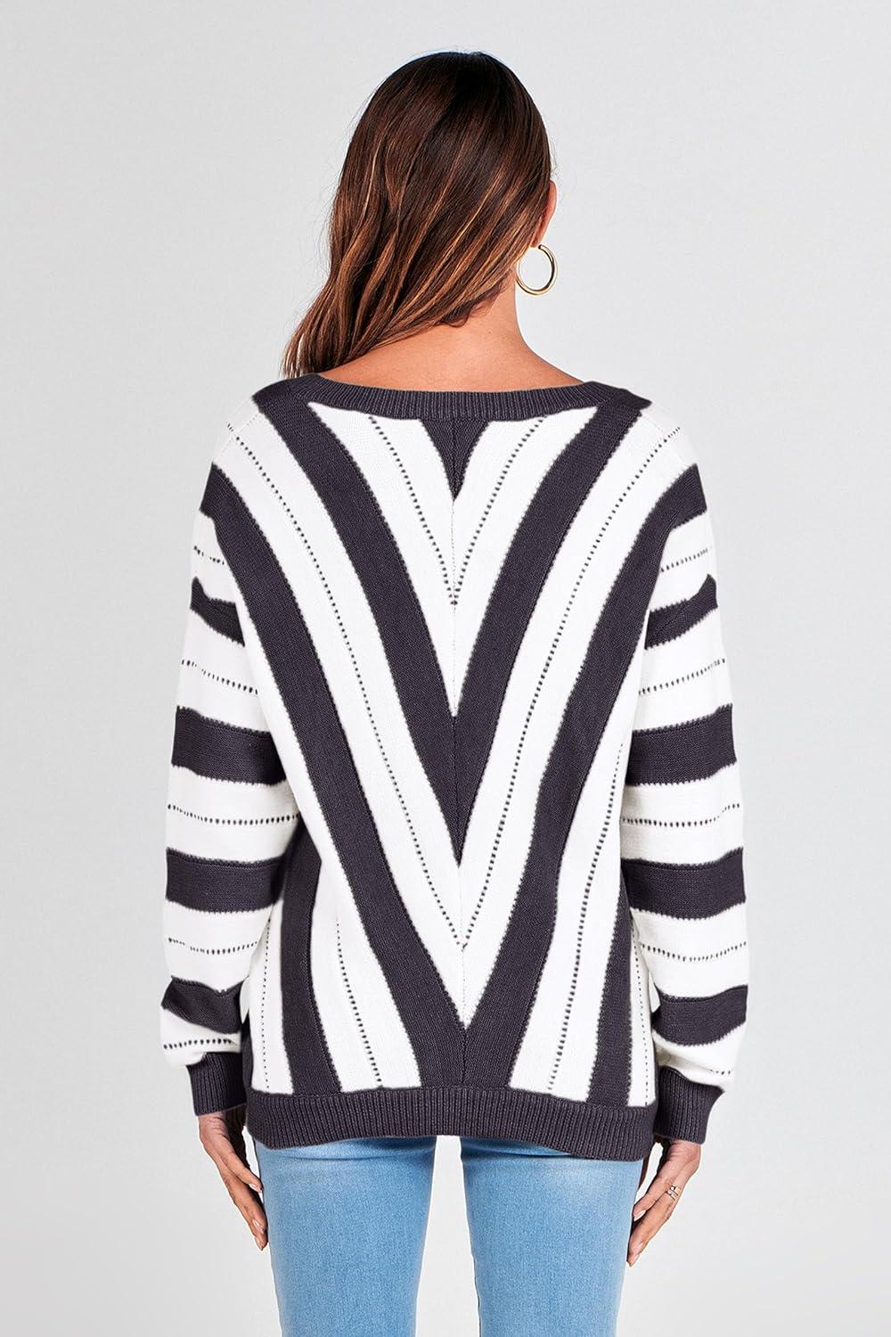 imagePRETTYGARDEN Sweaters for Women 2026 Long Sleeve Striped Knitted V Neck Pullover Jumper Tops Fall Outfits Fashion ClothingStriped Dark Grey