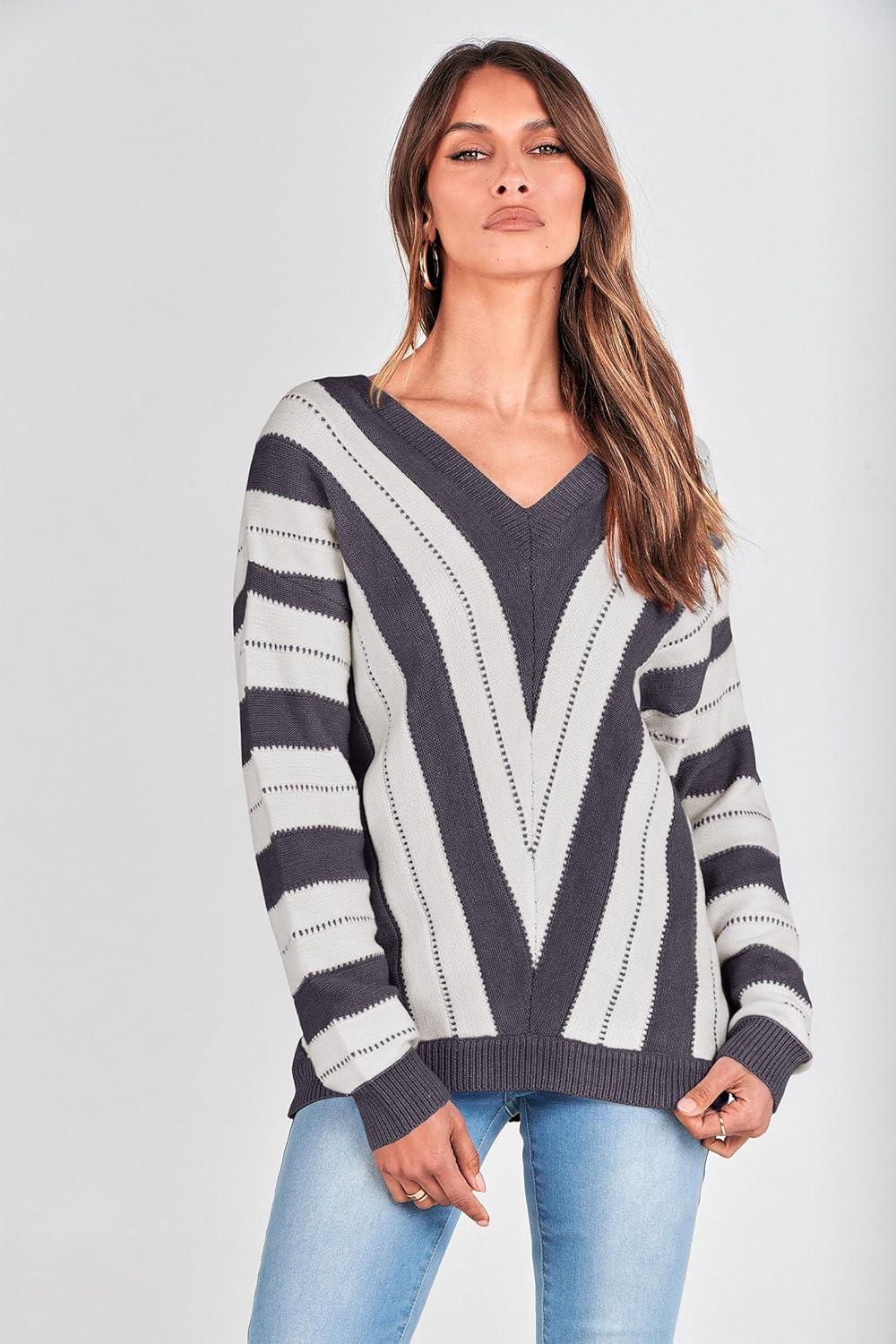 imagePRETTYGARDEN Sweaters for Women 2026 Long Sleeve Striped Knitted V Neck Pullover Jumper Tops Fall Outfits Fashion ClothingStriped Dark Grey