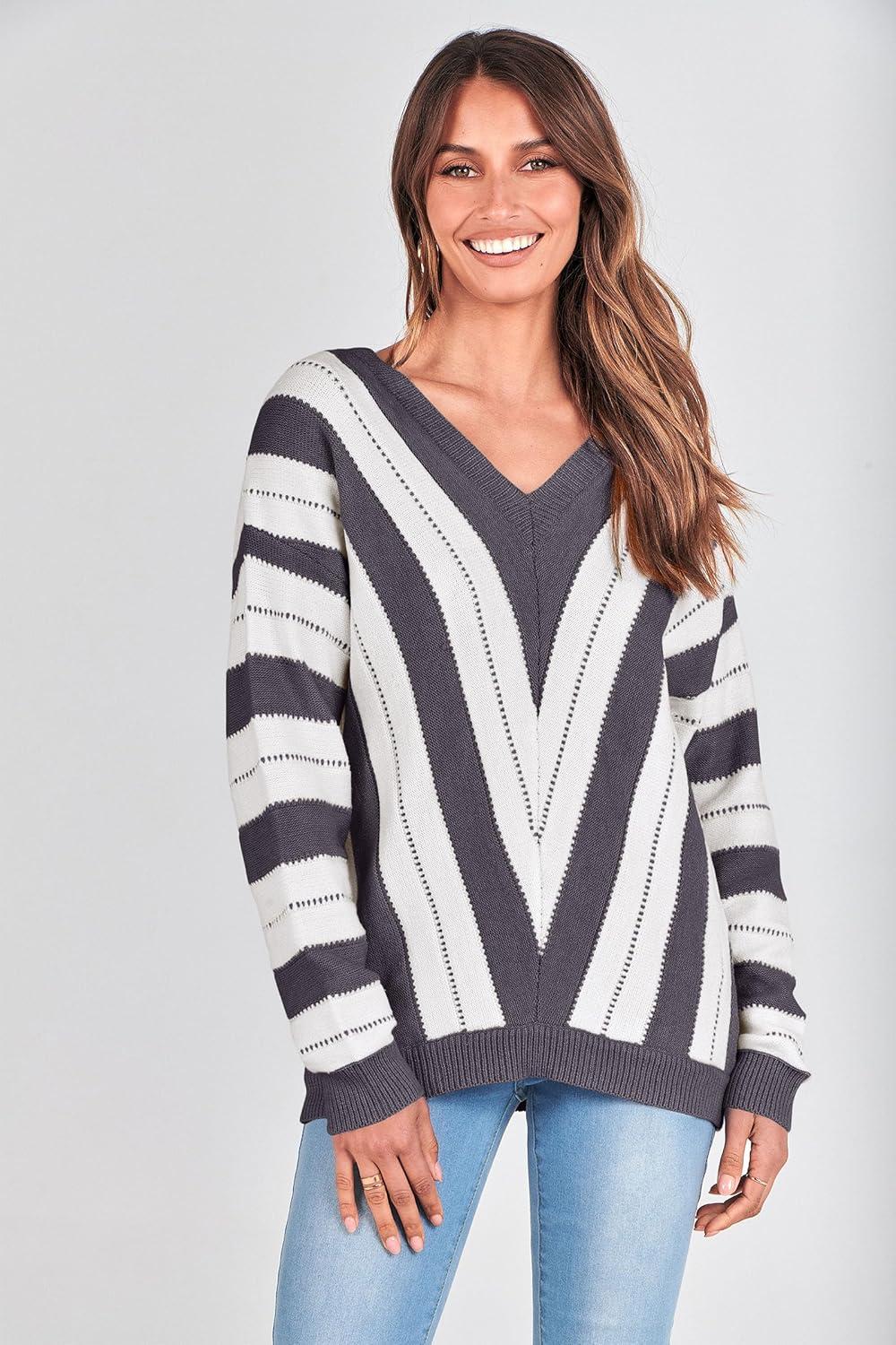 imagePRETTYGARDEN Sweaters for Women 2026 Long Sleeve Striped Knitted V Neck Pullover Jumper Tops Fall Outfits Fashion ClothingStriped Dark Grey
